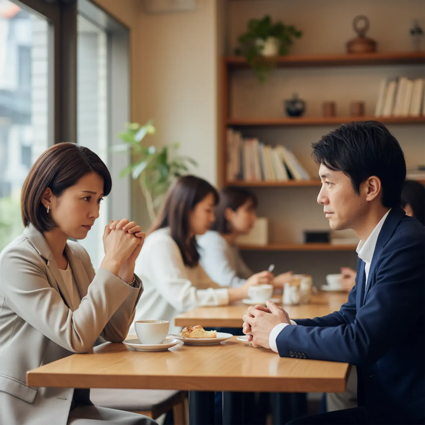 カフェで深刻な表情で恋愛相談をする女性。復縁や結婚について一人では判断できず、利害関係のない第三者の客観的な意見を求めて悩んでいる様子。