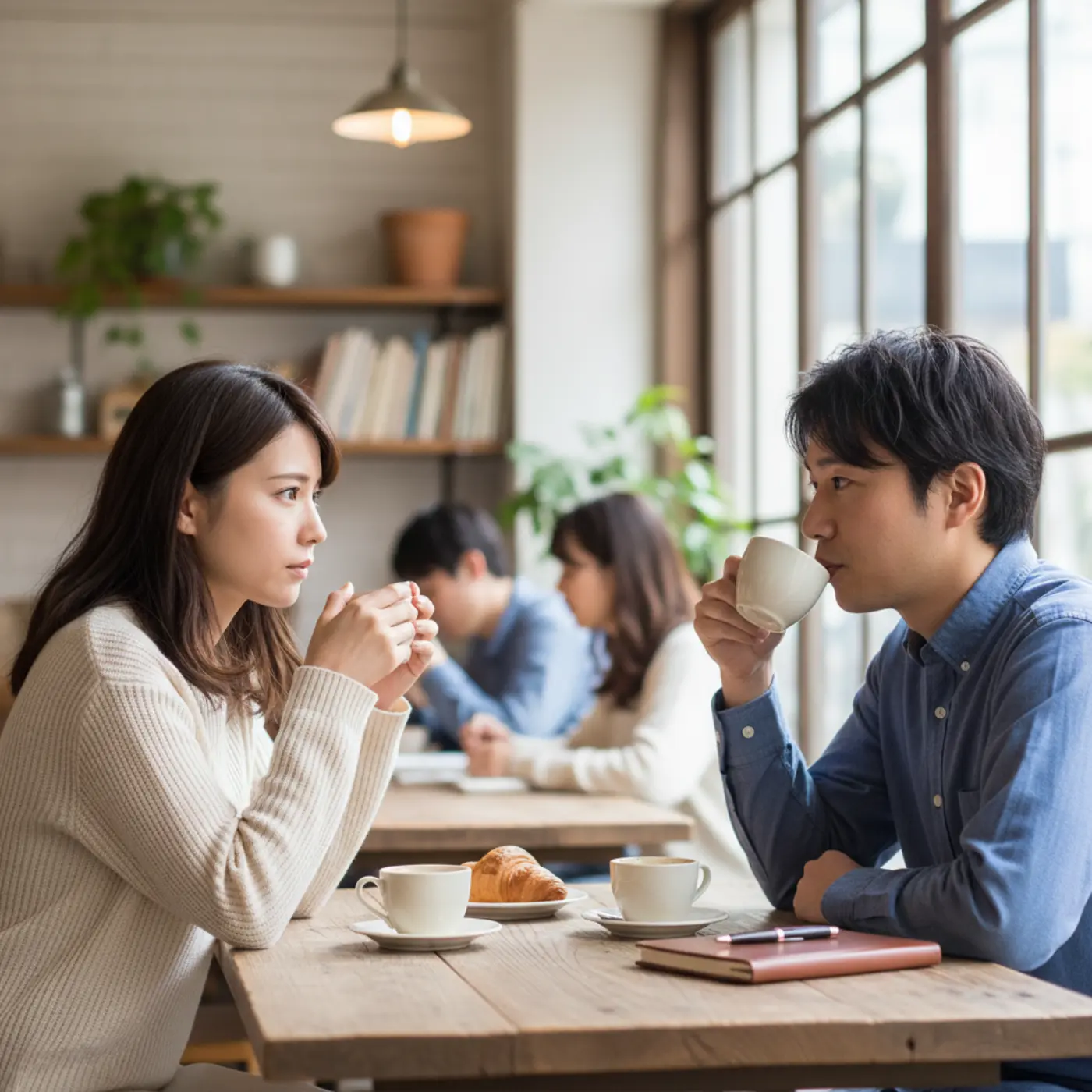 カフェで友人に恋愛相談をする女性の画像。第三者の客観的な意見を聞くことで、衝動的にならず冷静に今後のことを考えている様子。