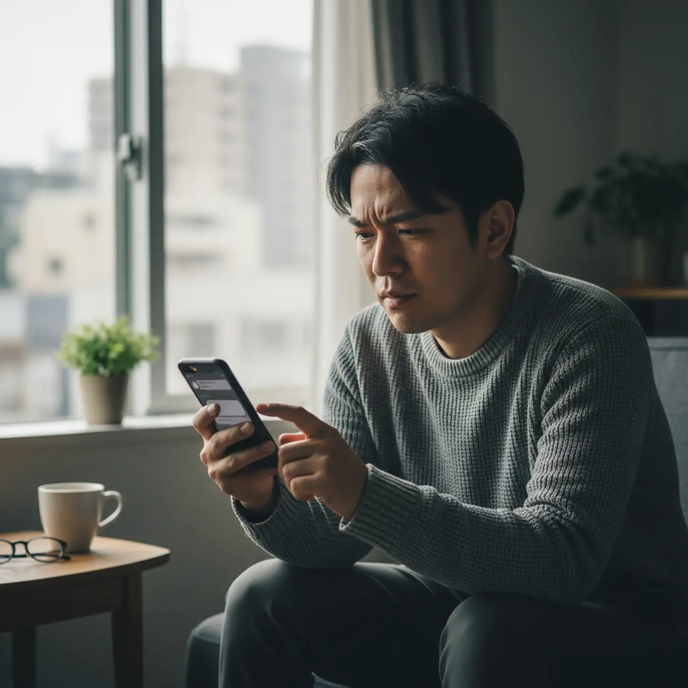 元カノから「会いたい」と連絡が来て、スマートフォンを見ながら複雑な表情を浮かべる男性。復縁を迫られた時のリアルな男性心理を描写したイメージ。