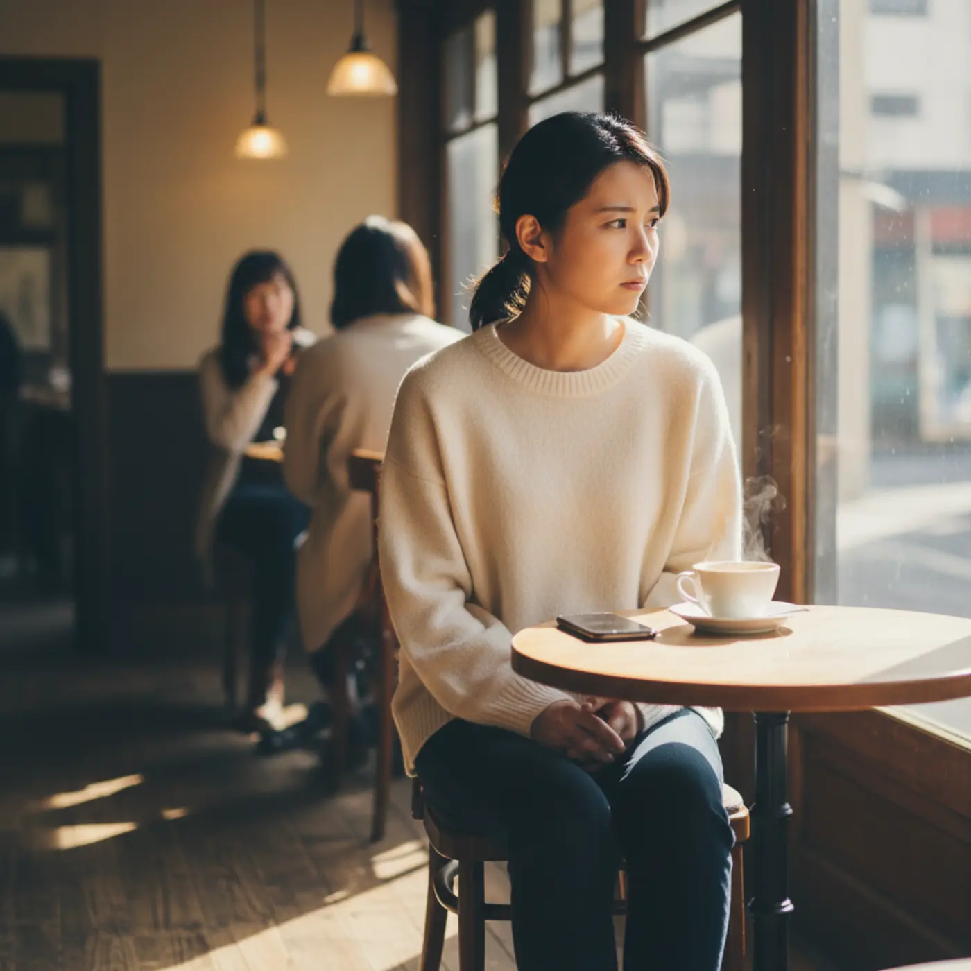 元彼との復縁は望んでいないが、会いたいという複雑な気持ちに悩む女性がカフェで一人、考え事をしている様子。