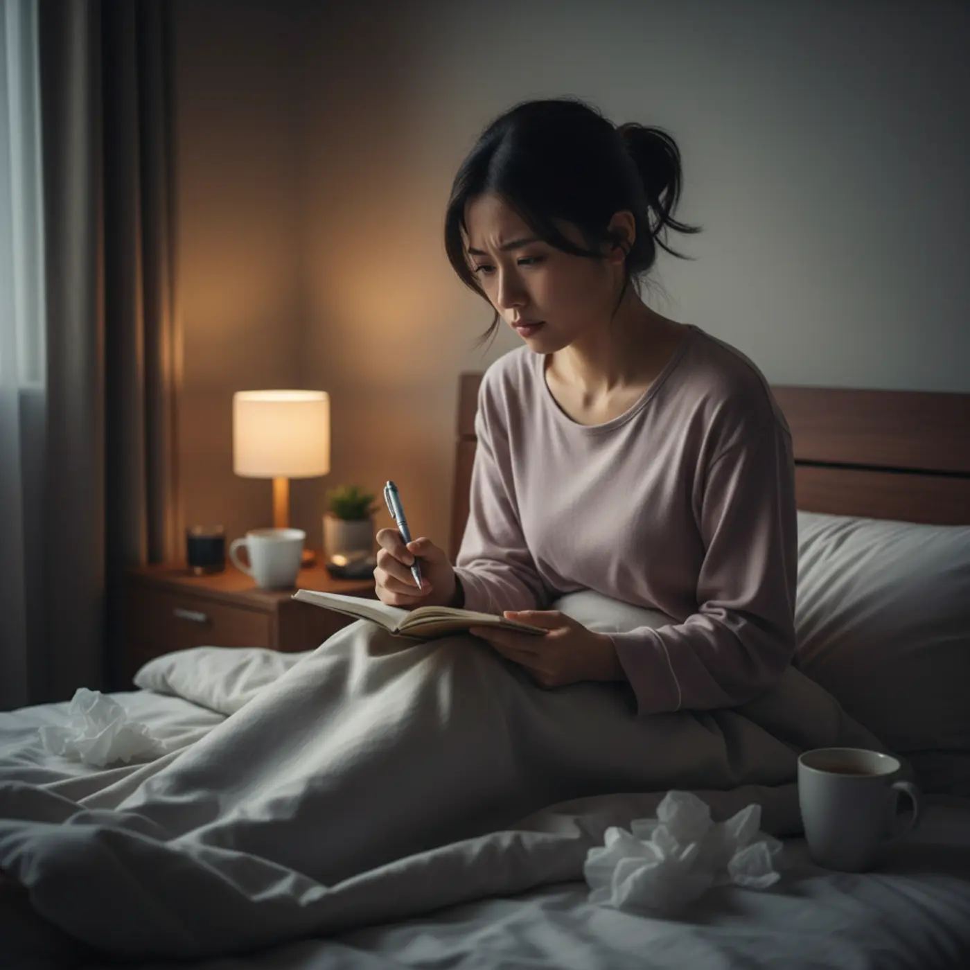 恋愛の悩みで眠れない女性が、辛い夜を乗り越えるためにベッドでノートに気持ちを書き出すメンタルケアを実践している様子。