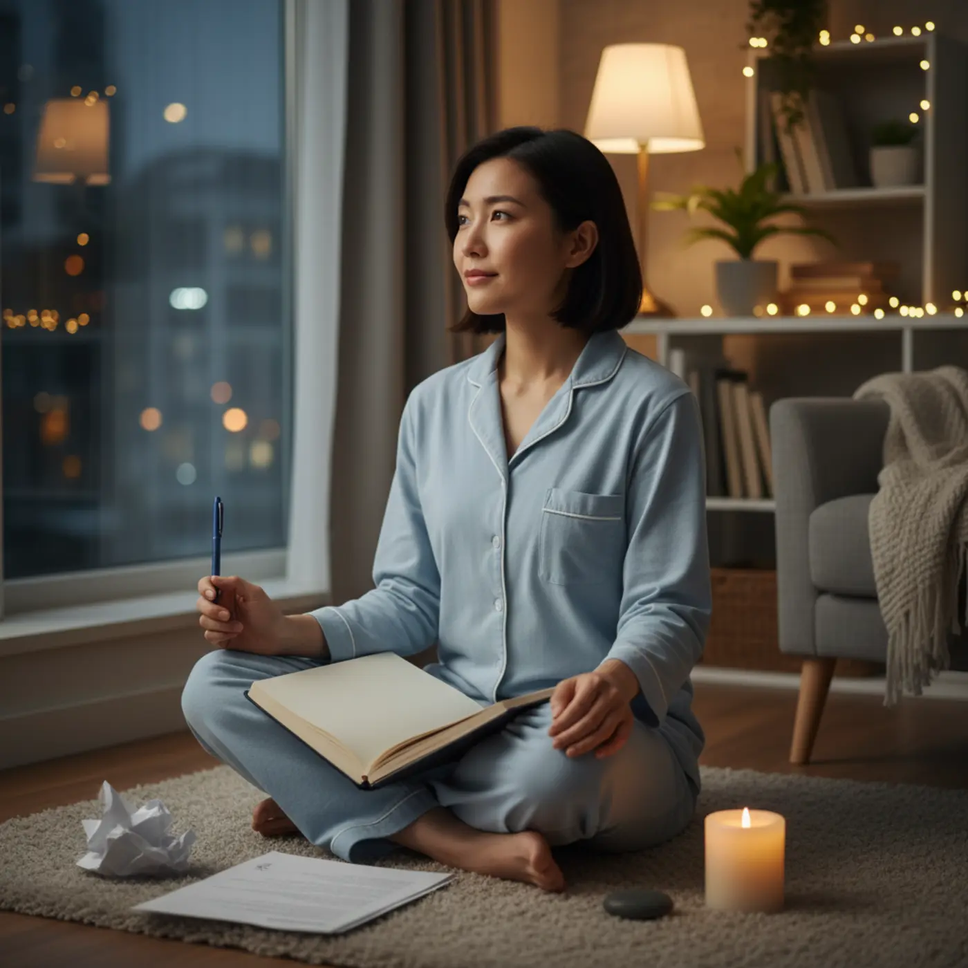 不安な夜にマインドフルネスを実践する女性。恋愛における執着を手放し、ジャーナリングで心を落ち着けている様子。