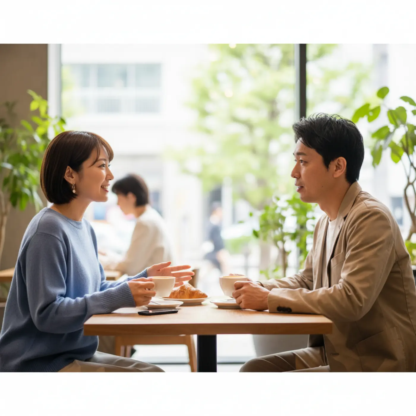 復縁を成功させるため、過去に囚われず新しい関係を築くことの重要性を象徴する画像。カフェで向き合うカップルが、お互いの成長を受け入れ、未来に向けて前向きに話し合っている様子。