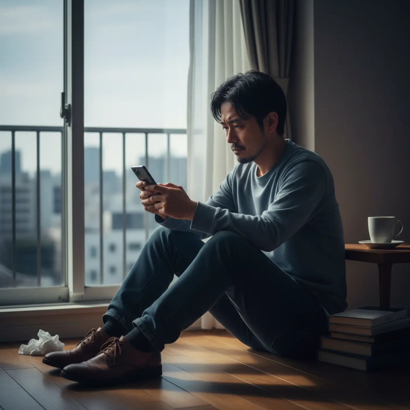 復縁したい相手にしつこく連絡してしまい、スマートフォンを手に落ち込む人物のイラスト。復縁を成功させるために避けるべきNG行動を象徴している。