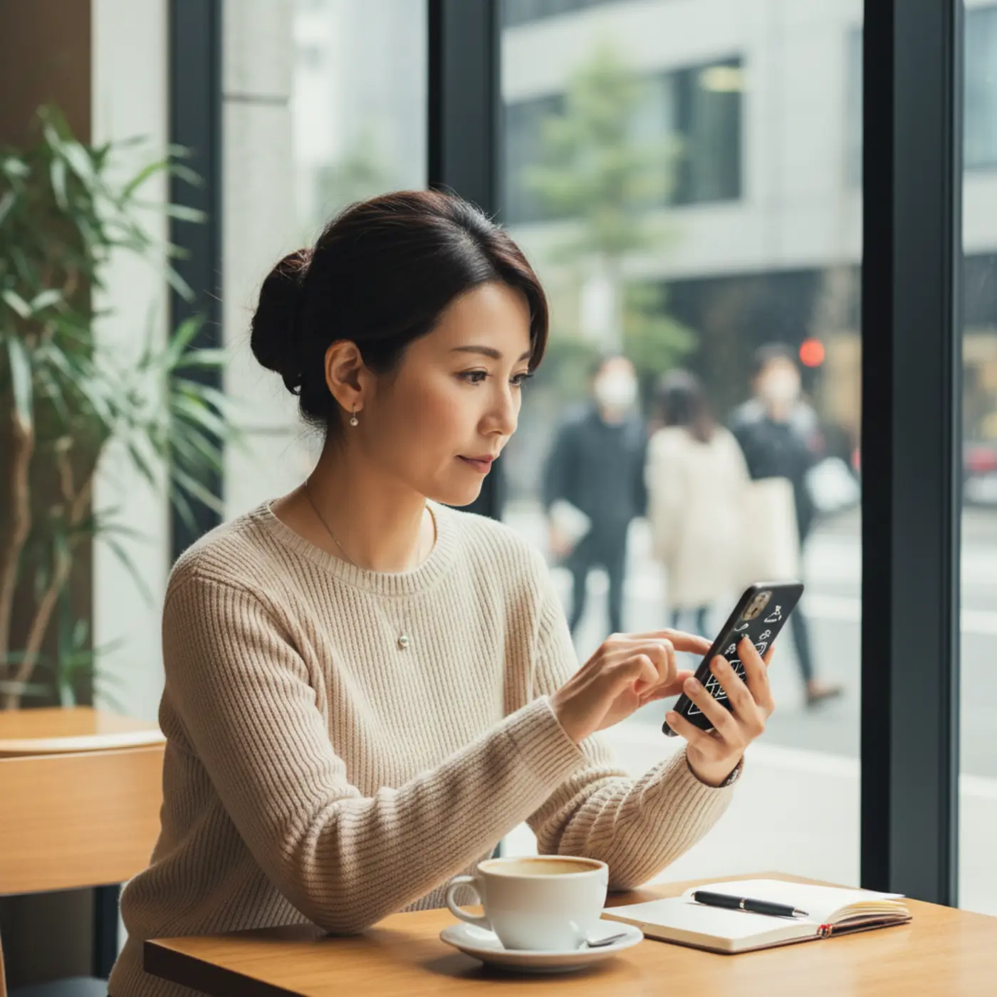 スマートフォンを手に、SNSとAIを活用した現代の復縁戦略について考える女性。恋愛相談のツールを賢く使い分け、前向きに自分と向き合っている様子。