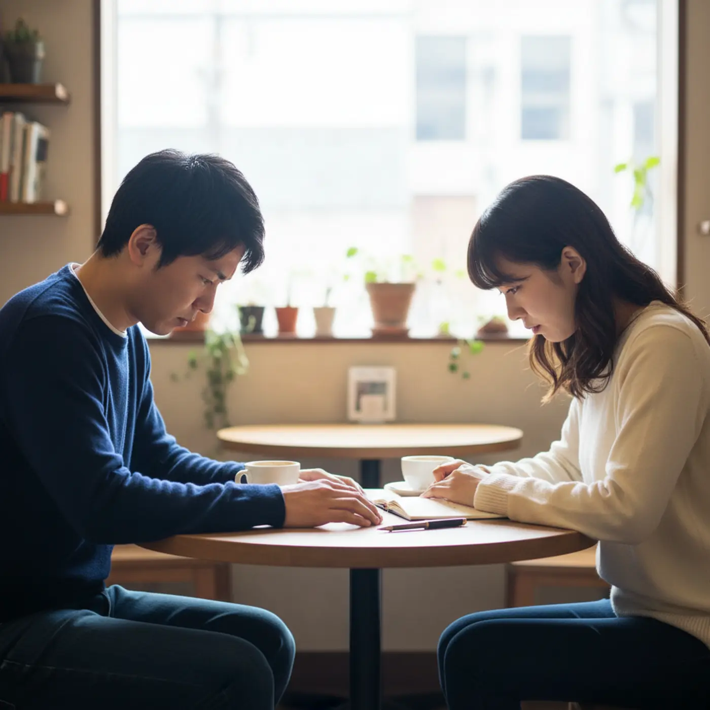 復縁と別れを繰り返すことに悩むカップル。カフェで向かい合い、深刻な表情で俯く男女のイラスト。関係改善のヒントを模索している。