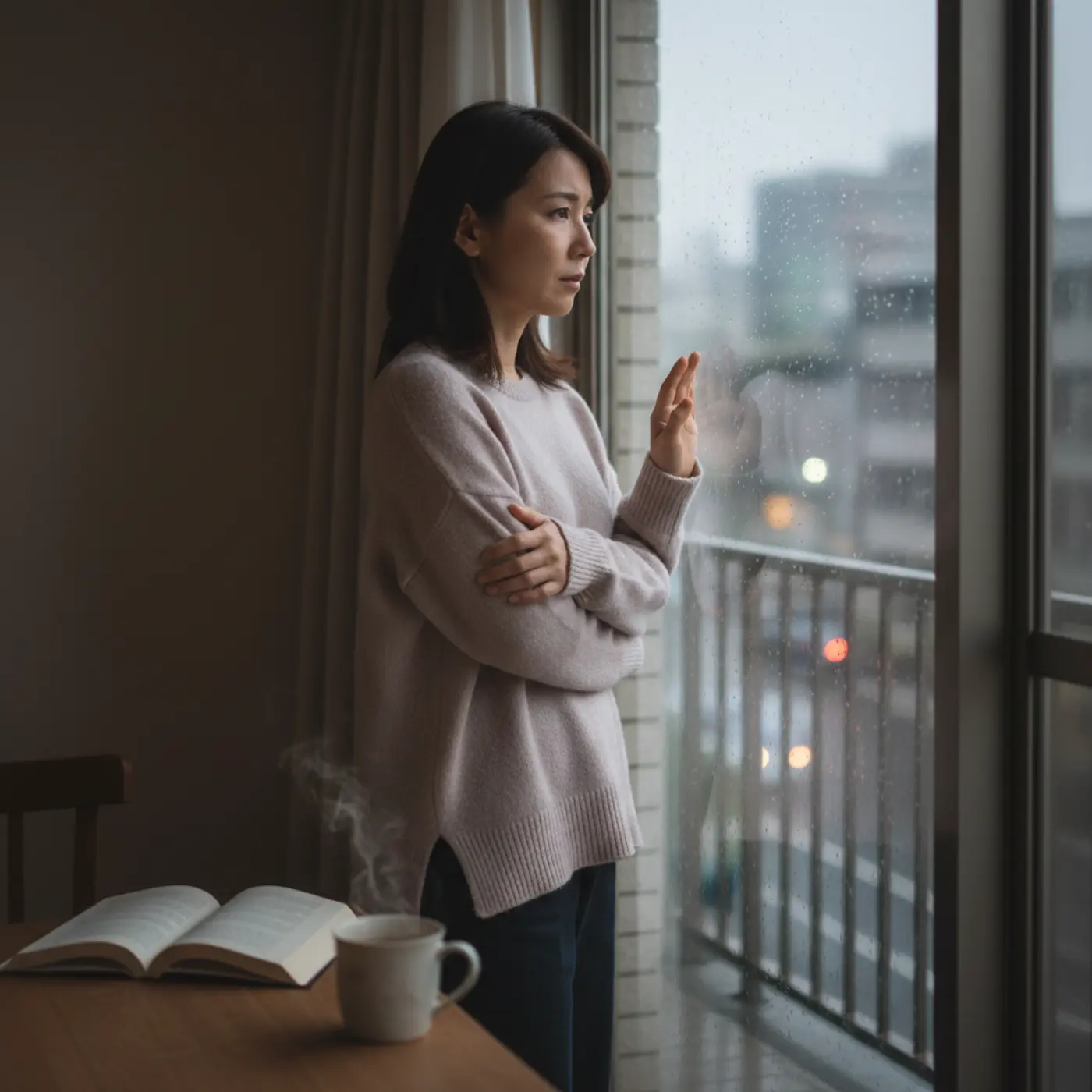 恋愛の冷却期間中に、将来への不安から一人で窓の外を眺める人物のイラスト。辛い気持ちを乗り越えるための心の保ち方を探している様子。