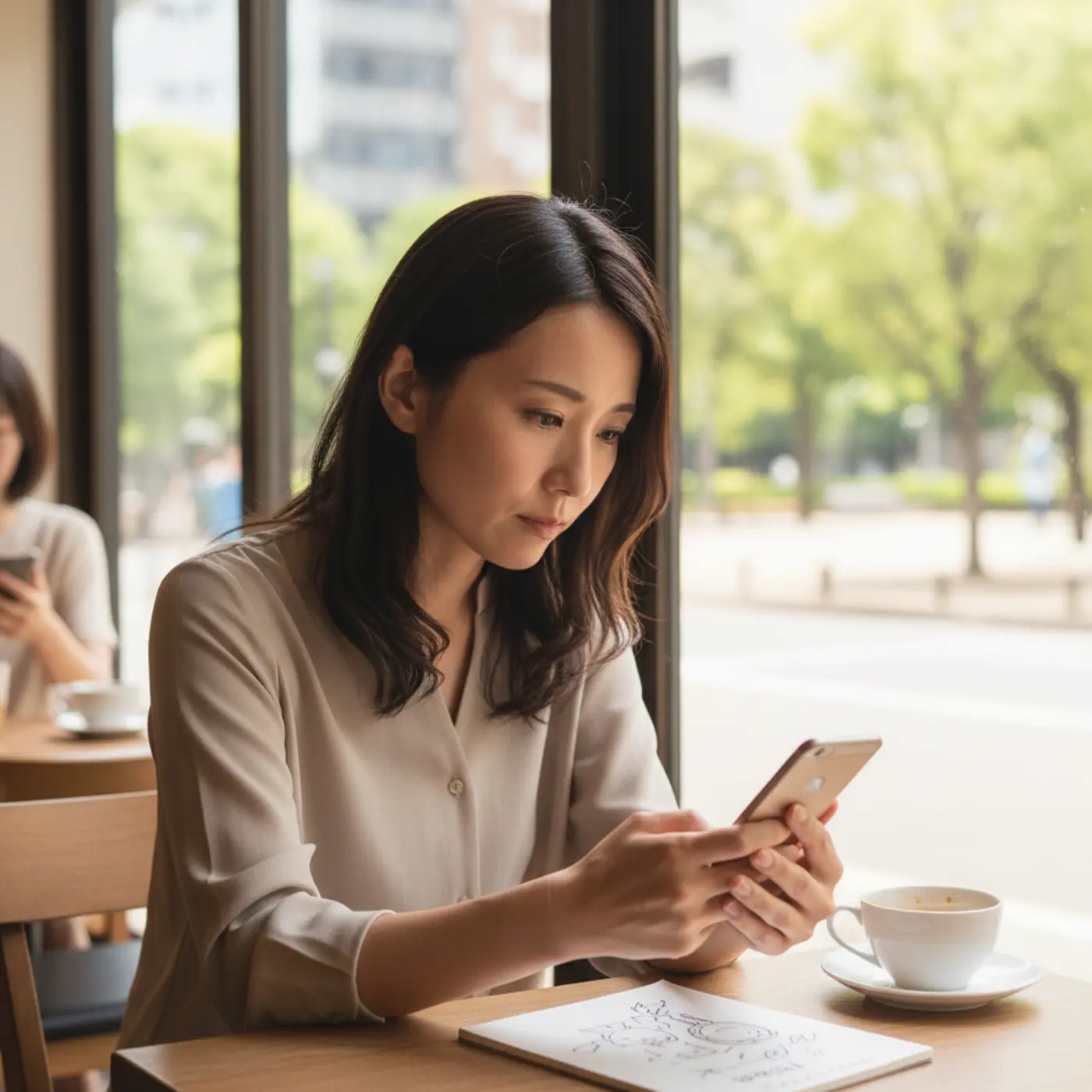 「復縁は無理」と恋人に言われ絶望する女性。この記事で紹介される心理テクニックと冷却期間の重要性を知り、前を向こうと決意する様子。