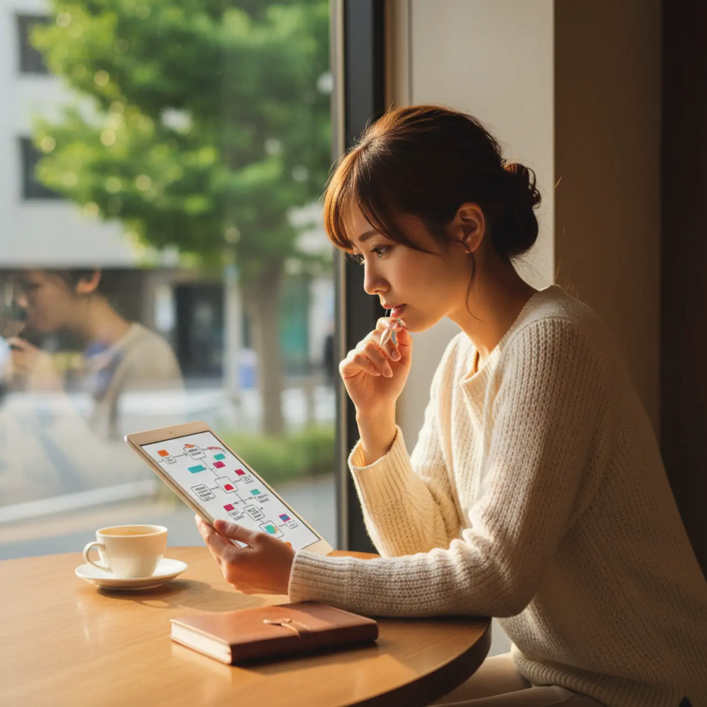 冷められた相手の心を取り戻すための心理学テクニックについて学ぶ女性。恋愛の逆転劇を信じ、復縁のきっかけを探している様子を描いたイラスト。