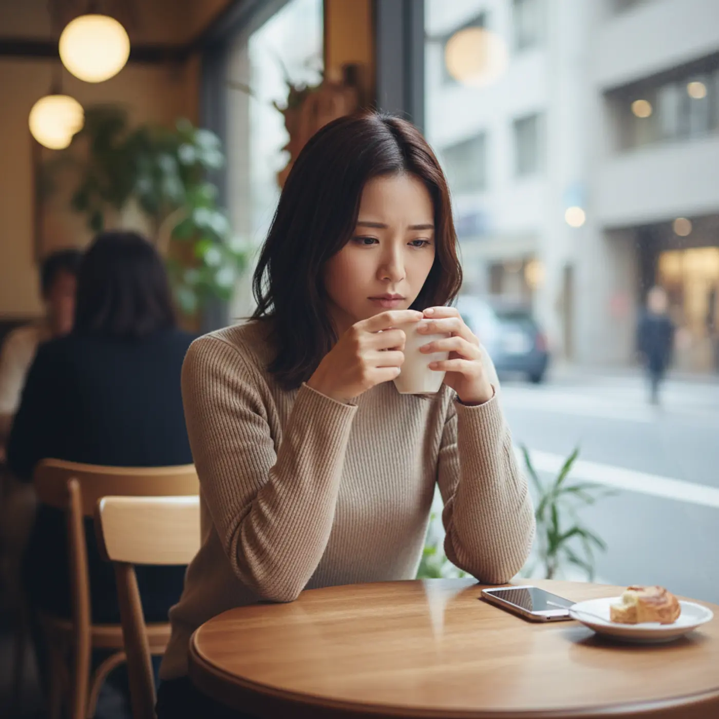 「仕事が忙しい」という理由で恋人に別れを告げられ、カフェで一人悩む女性。相手の心理や本音が分からず、今後の関係について思い悩んでいる様子。