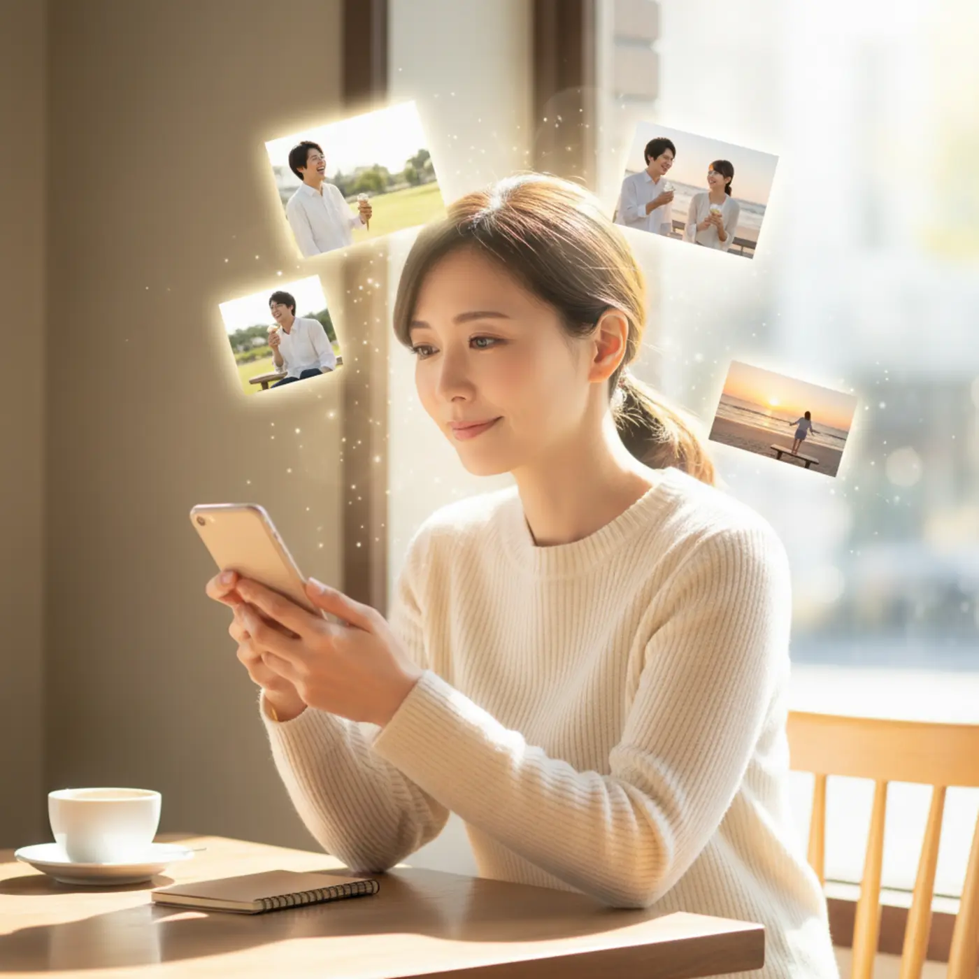 復縁を考える女性が、過去の恋愛を思い出し悩んでいる様子。楽しかった記憶だけが蘇る「記憶の美化」という心理が働き、冷静な判断を妨げている状況を表現したイラスト。