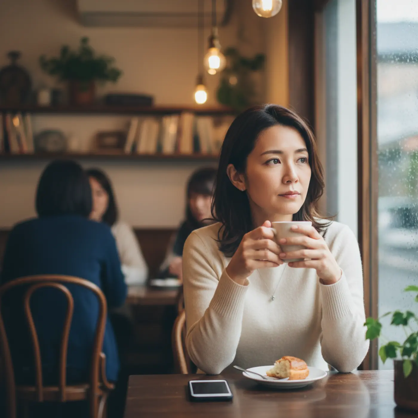 「復縁はしたくないけど会いたい」という複雑な心理で悩む女性が、カフェで物思いにふける様子。別れた相手への未練や執着といった深層心理を表現している。