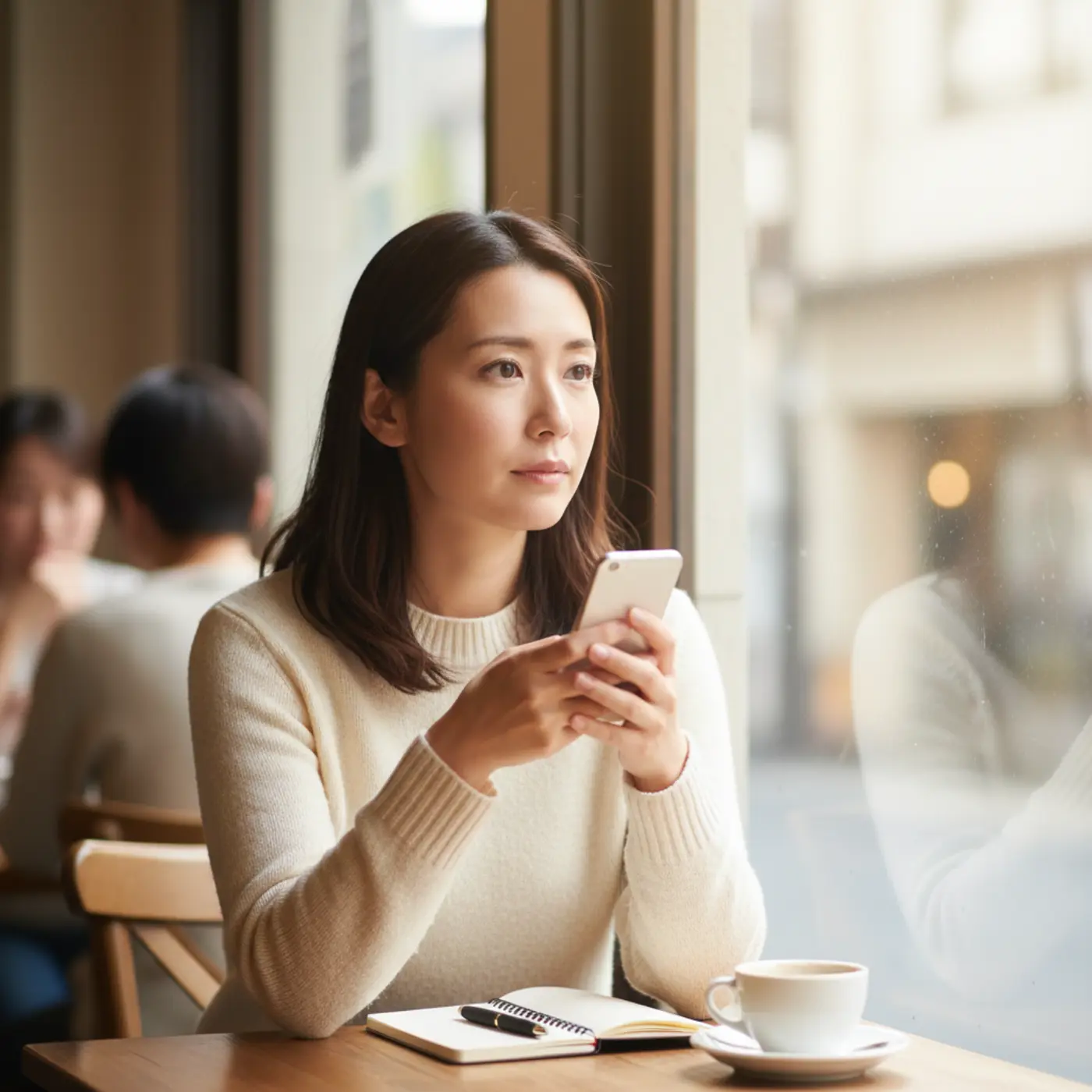 元彼との復縁で悩む女性がスマホを手に物思いにふける。心理学の知見を基に、恋愛の迷いを断ち切るヒントを伝える記事のアイキャッチ画像。
