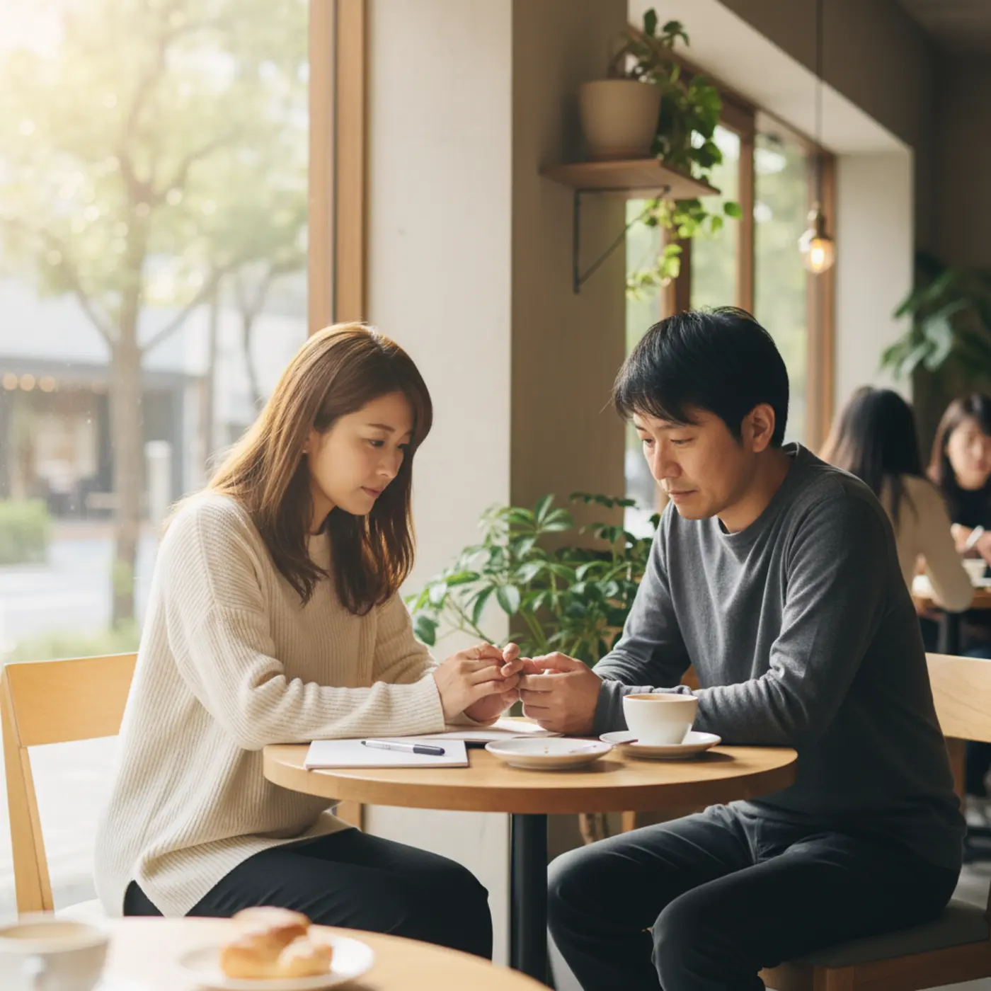 復縁後の未来に悩むカップルのイラスト。復縁して本当に幸せになれる確率は低く、別れの原因と向き合う自己改善の重要性を示唆している。