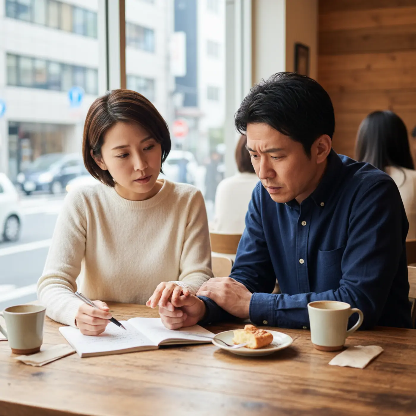 復縁後に同じ別れを繰り返さないために、カフェで真剣に話し合いをするカップル。二人の新しい関係構築のためのルール作りをしている様子を表すイラスト。