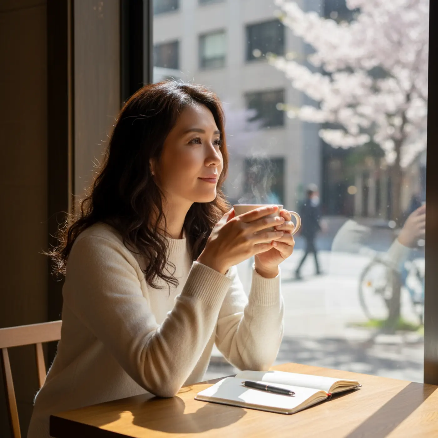 失恋の悲しみから立ち直り、自分を見つめ直す女性。復縁にこだわらず、自己価値を高めることで新しい幸せを見つける大切さを象徴する一枚。