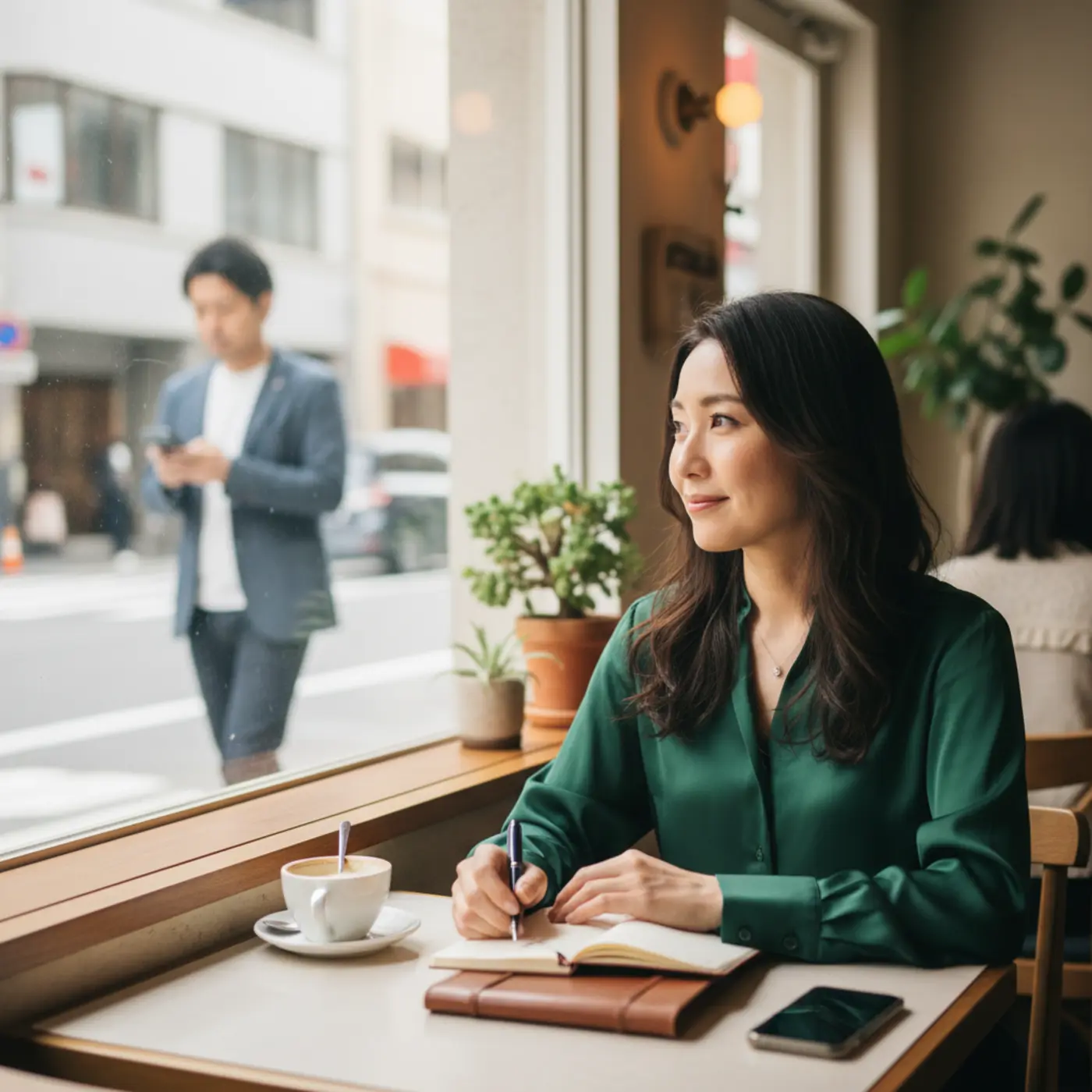復縁の鍵となる「魔の3ヶ月目」の過ごし方を象徴する画像。元カレとの絶妙な距離感を保ちながら、カフェで一人の時間を楽しむミステリアスな雰囲気の女性。