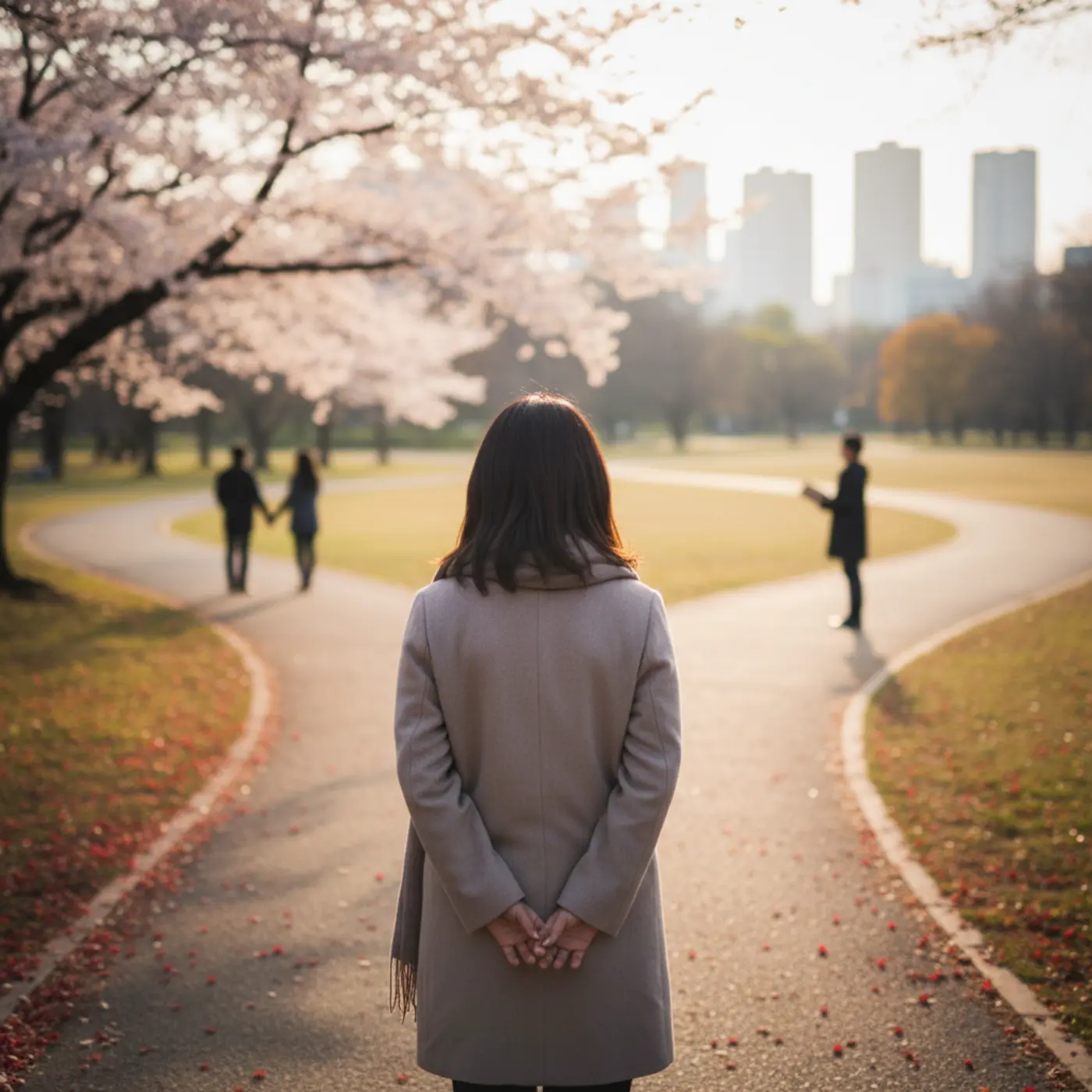 復縁か新しい道か、岐路に立って悩んでいる女性の後ろ姿。自分の本当の幸せとは何か、冷静に恋愛を見つめ直すことの大切さを示唆する画像。