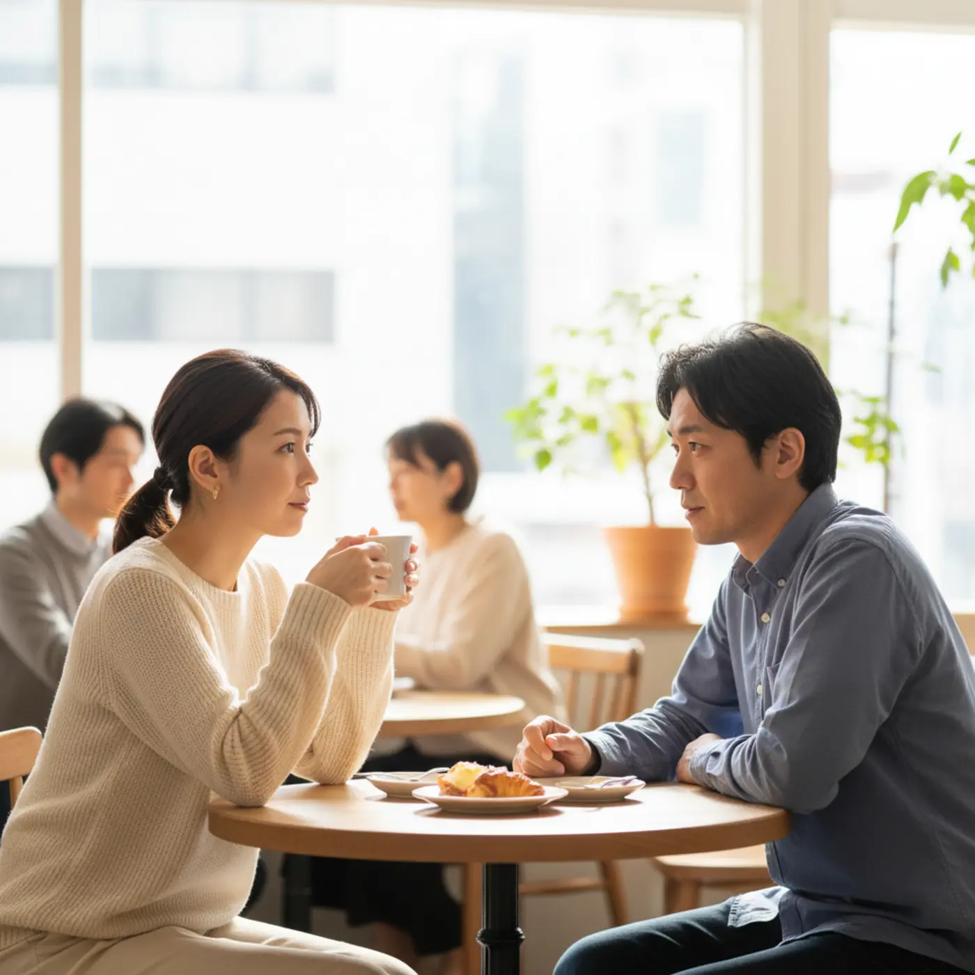 同棲解消を経験したカップルが復縁の可能性について真剣に話し合っている。カフェのテーブルを挟んで向かい合い、お互いの将来を見据える男女の様子。