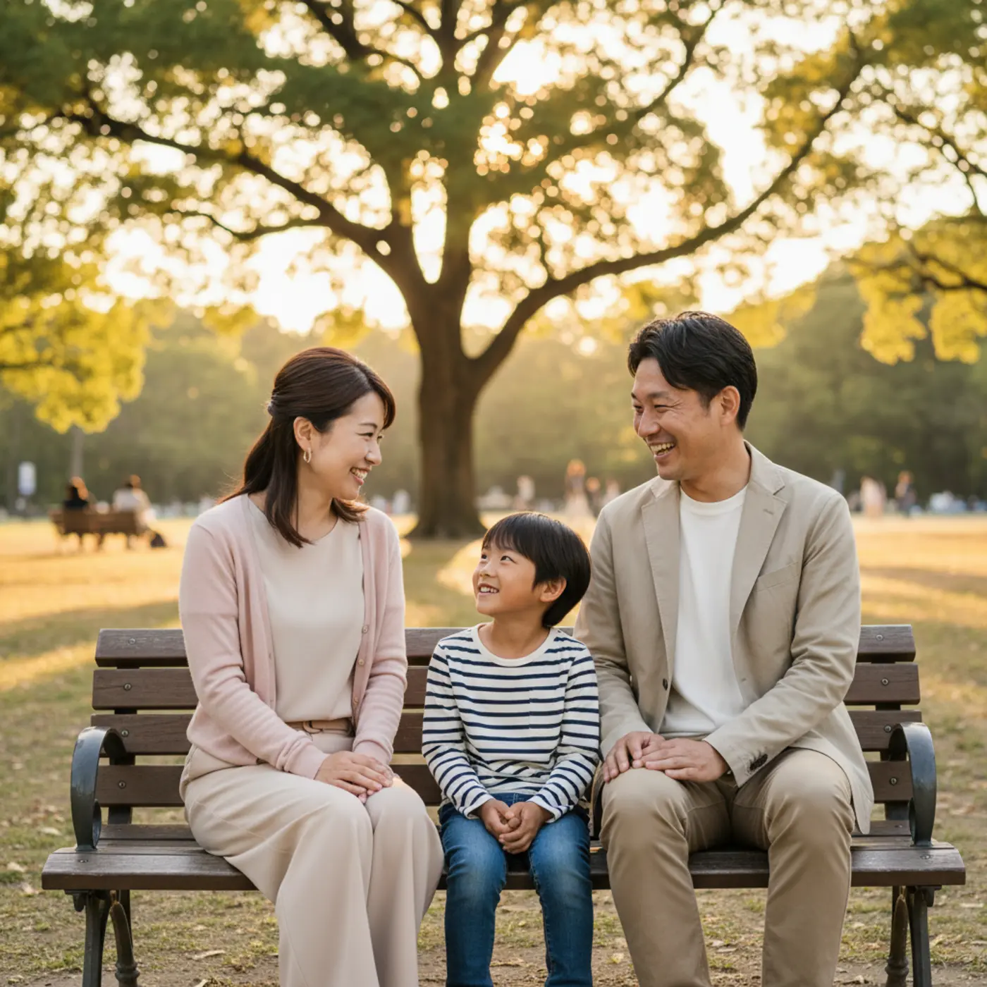 公園のベンチで子供を真ん中に元夫と笑顔で話す女性。子供がいる場合の復縁では、焦らず子供の気持ちを第一に考えることが幸せへの近道です。