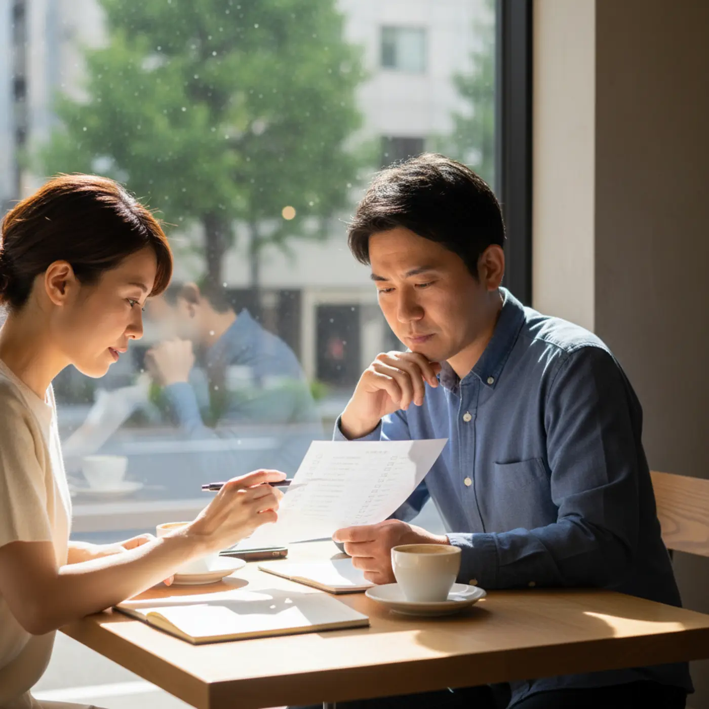 復縁後の幸せを守るためのチェックリストを一緒に確認するカップル。過去の過ちを繰り返さないために、今後のルールについて真剣に話し合っている様子。