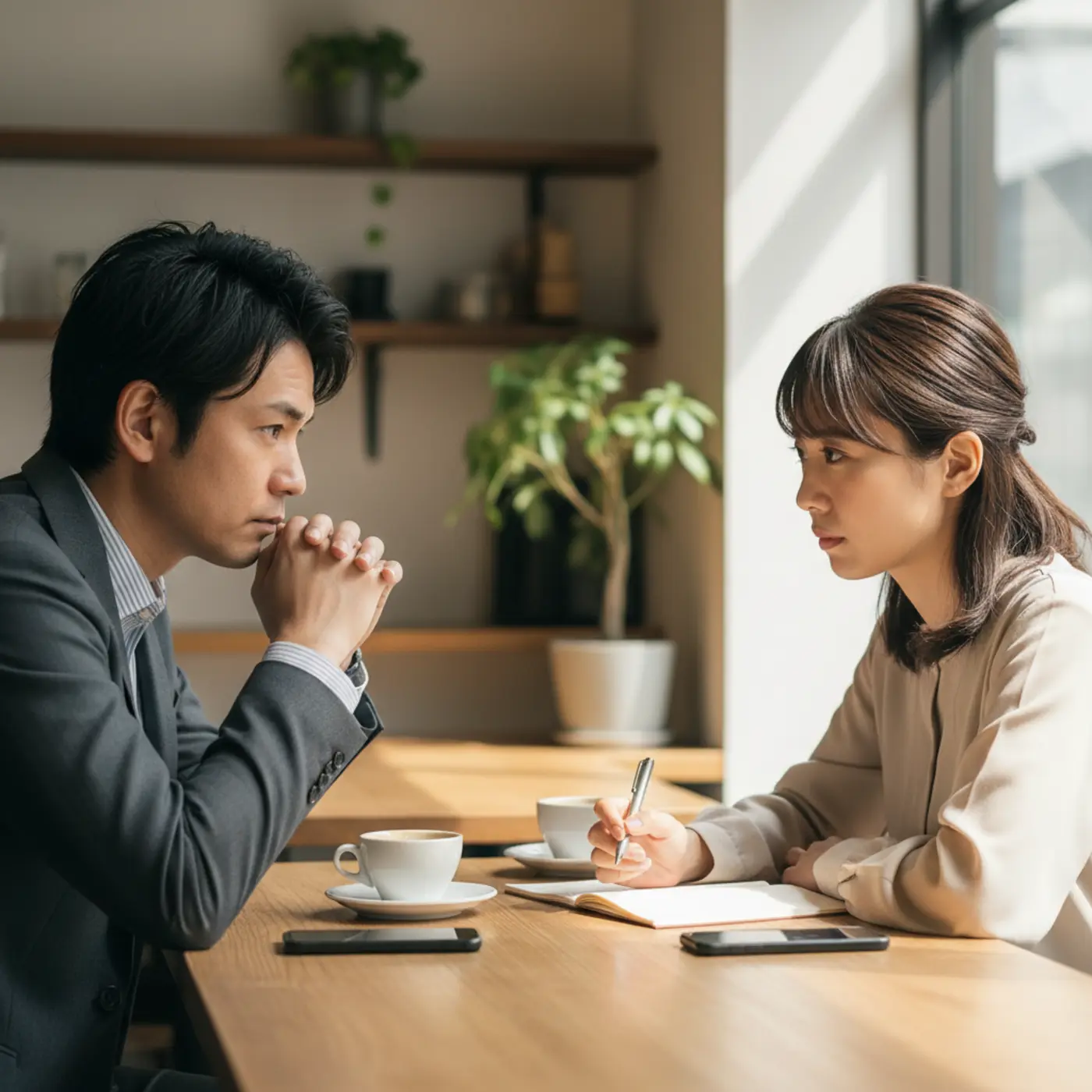 復縁の告白で悩む男女のイメージ画像。別れた恋人への素直な気持ちと成長を伝えるための、心に響くセリフを考えている様子が描かれている。