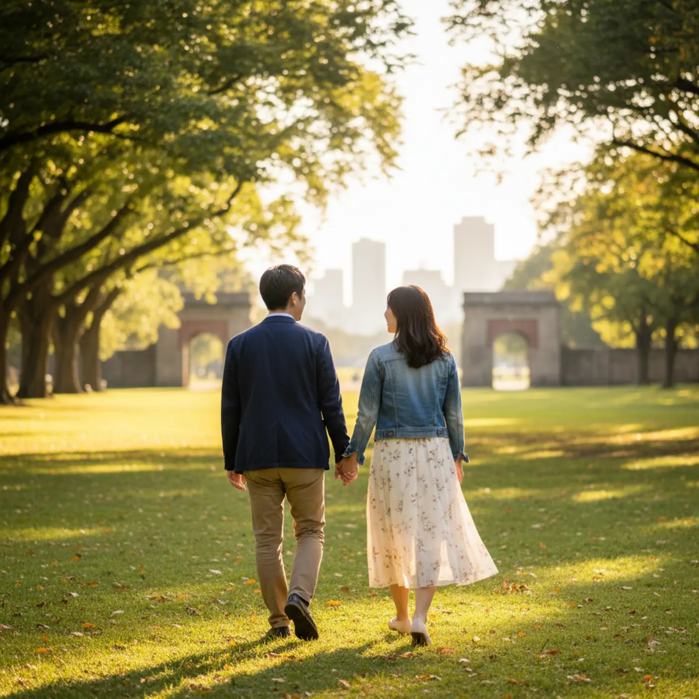 復縁の告白タイミングについて考える男女。過去の関係ではなく、新しい恋として未来に向かって歩き出す二人の後ろ姿。