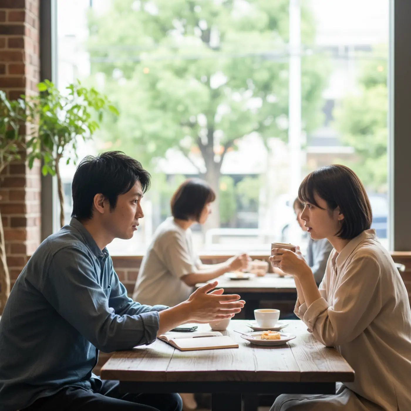復縁の告白を前にカフェで真剣に話し合う男女。冷却期間後の最適なタイミングや、誠意が伝わる言葉の選び方など、恋愛の悩みを解決するヒントを示す画像。