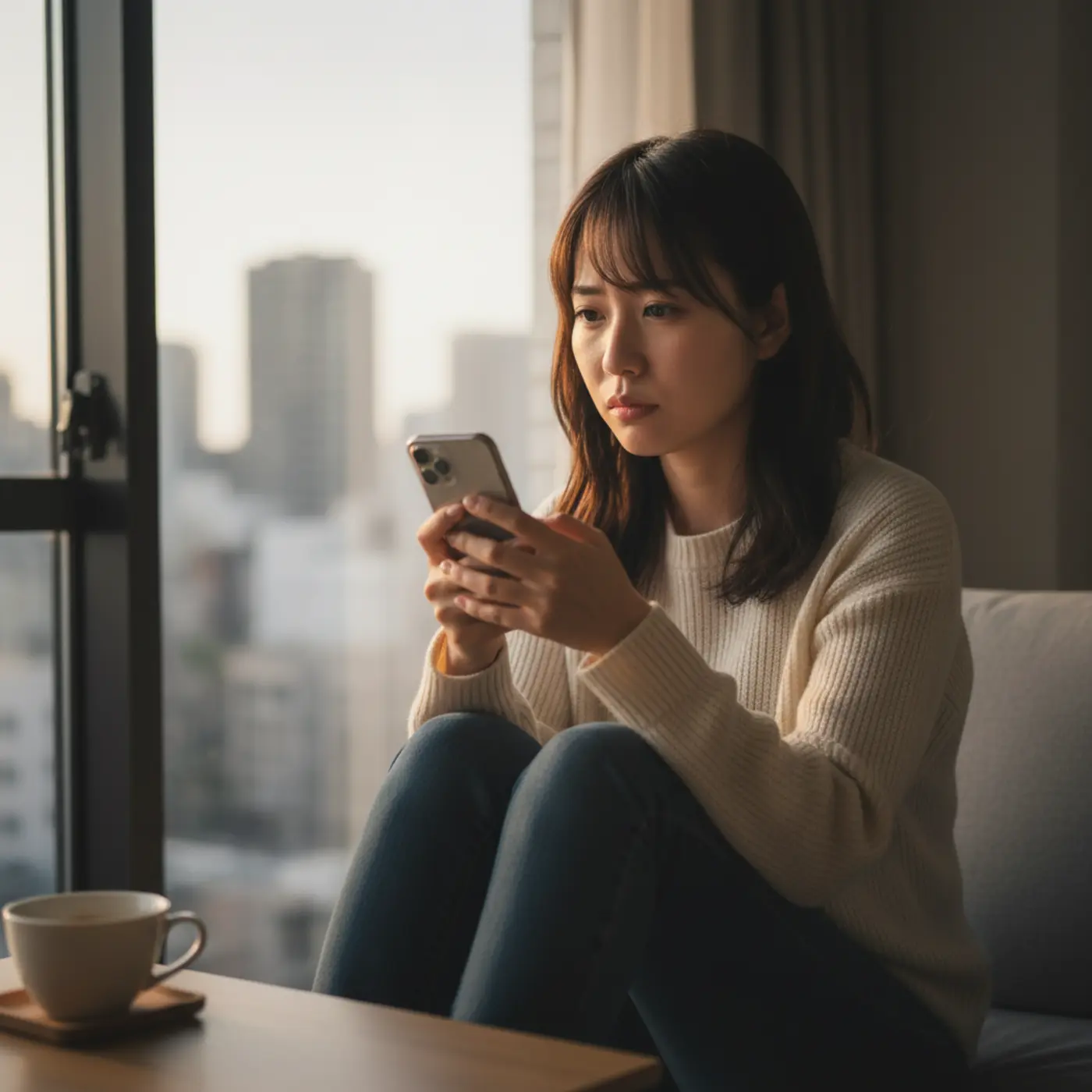 元恋人との復縁を願い、冷却期間を過ごす女性。スマートフォンを手に持ち、連絡したい気持ちをぐっとこらえている様子。