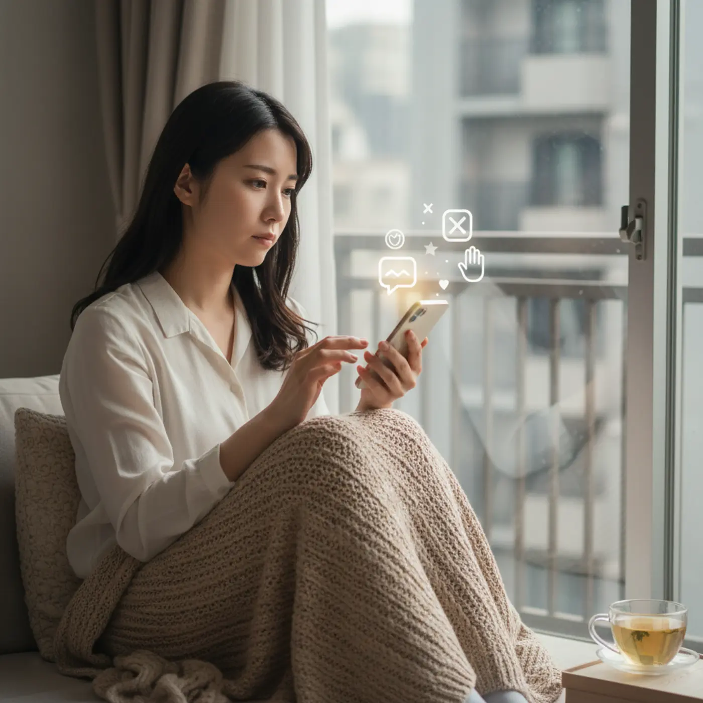 復縁のための冷却期間中にやってはいけないNG行動のリスト。スマホを見て悩む女性が、元彼への連絡やSNSの投稿を我慢している様子で、冷却期間の重要性を示している。