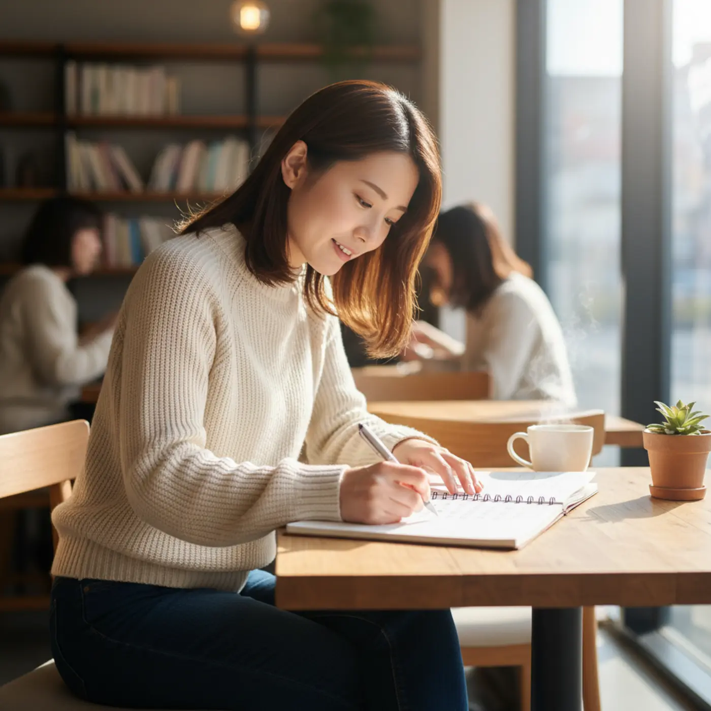 復縁に向けた冷却期間中に、ToDoリストをノートに書き出して自分磨きを計画する女性。不安な表情ではなく、前向きに再会への準備を進めている様子。