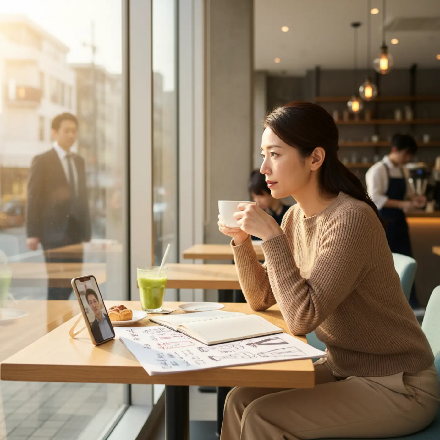 離婚後に復縁を目指す女性が、冷却期間の重要性を理解し自分磨きの計画を立てている様子。再会した時に元彼を驚かせるため、前向きな気持ちで努力している姿を描写しています。