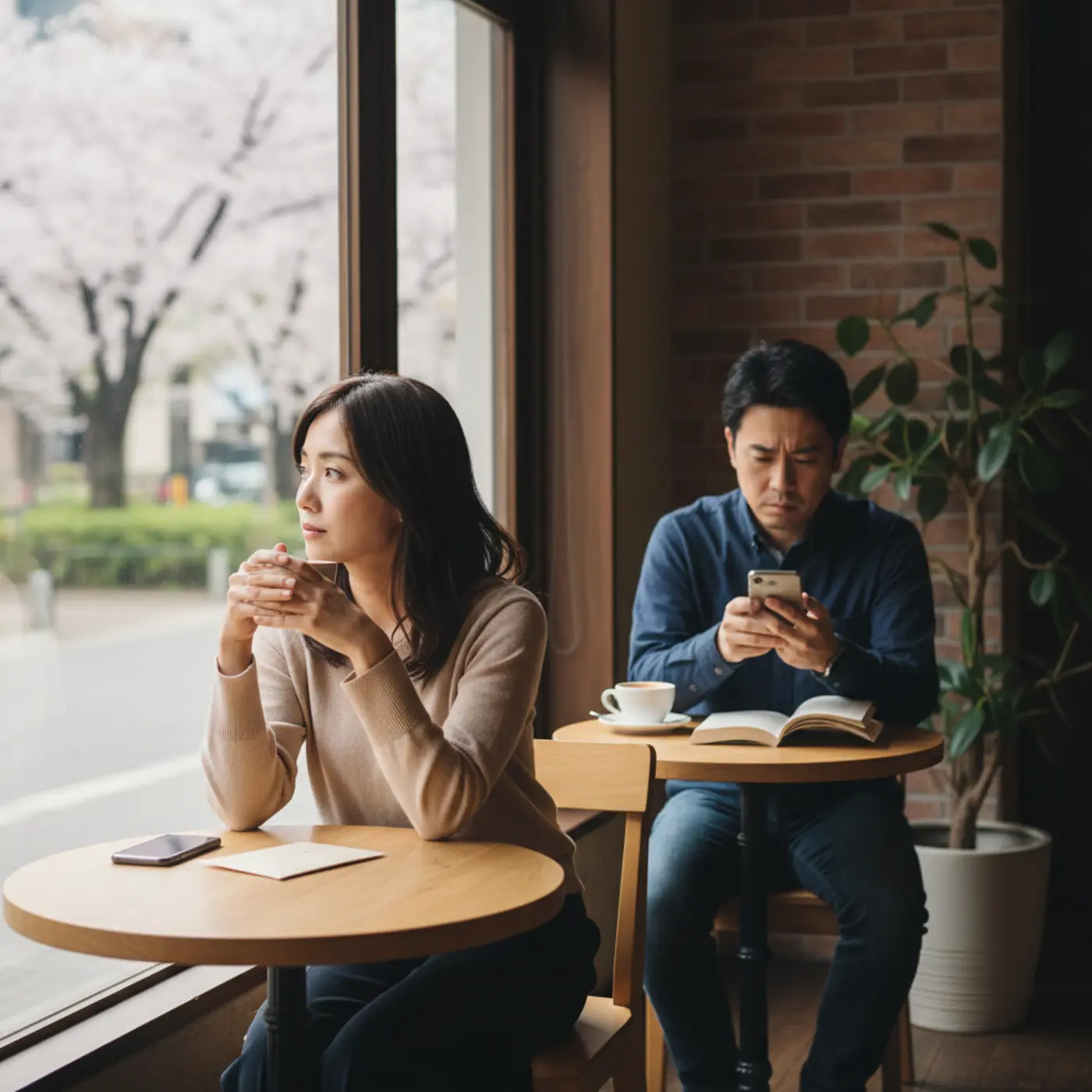 復縁を望む男女が距離を置いて考え込んでいるイラスト。失敗しないために重要な冷却期間と、別れの根本原因を解消する準備の必要性を示唆している。