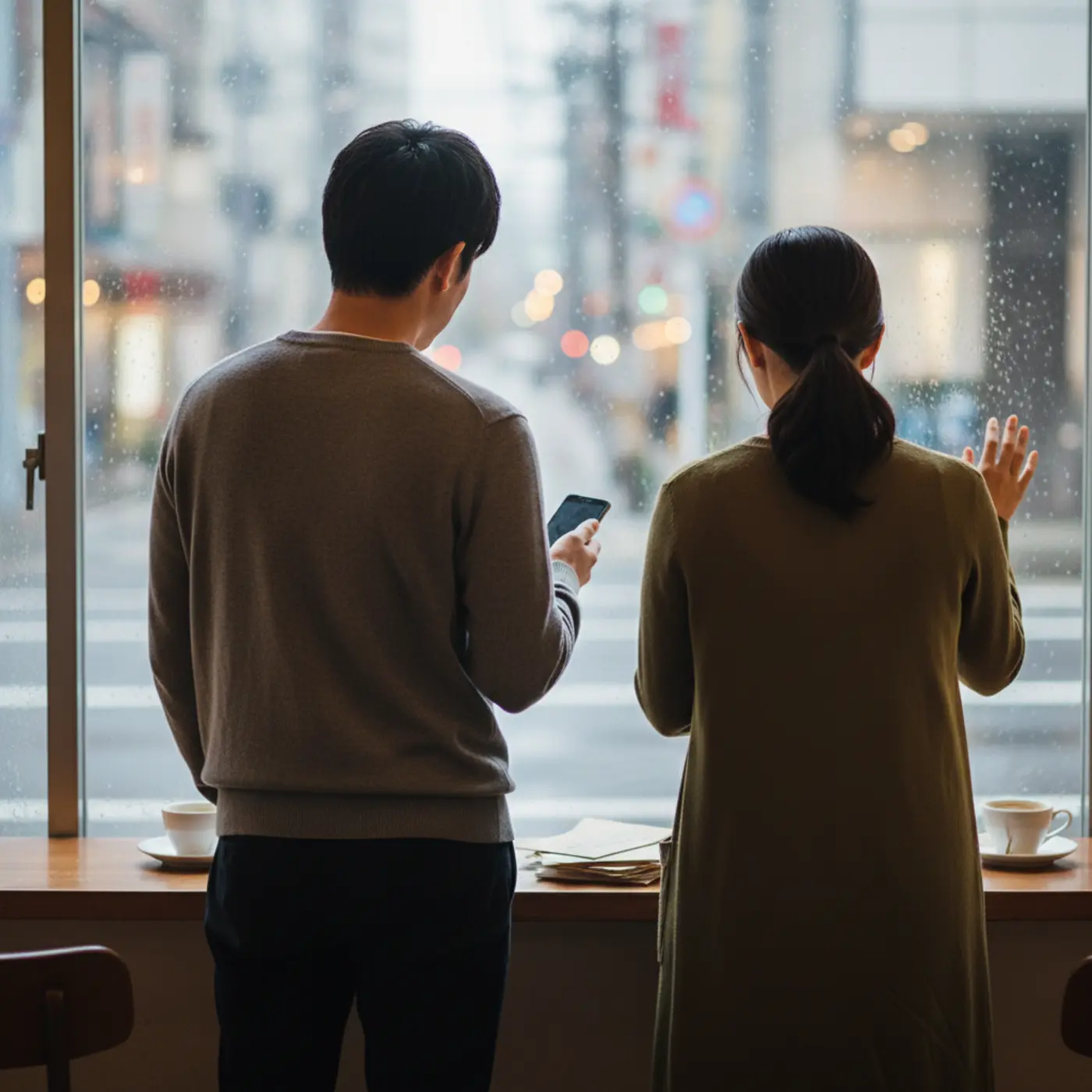 別れの原因について考え込む男女の後ろ姿。復縁の難易度は原因によって異なるため、まずは冷静に過去を振り返ることが大切である様子。