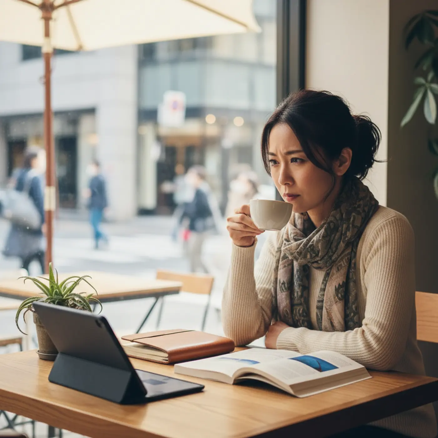 元彼との復縁を願う女性が、男性心理を理解するためにカフェで一人考え込んでいる。焦らず冷静に現実を見つめることが、復縁の可能性を高める鍵となる。