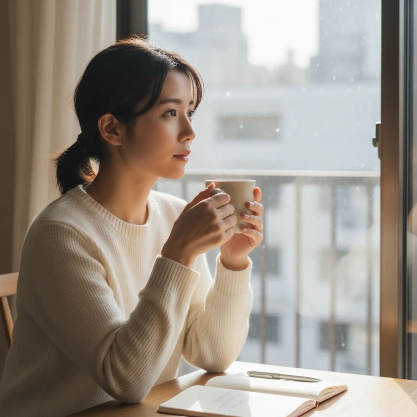 復縁活動に疲れ、窓辺でコーヒーを飲みながら自分の心をケアしている女性。辛い恋愛の悩みと向き合い、新しい一歩を考えている様子。