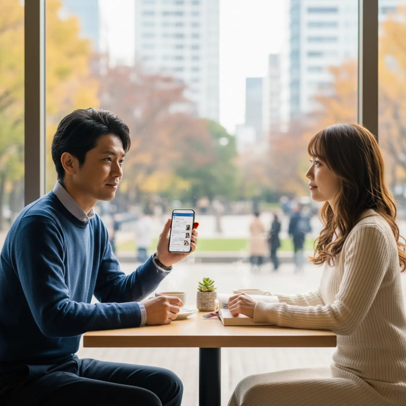 1年ぶりに復縁を考える男女が、お互いの成長と「比較優位性」を再確認し、別れた恋人の大切さに気づく様子を描いたイラスト。