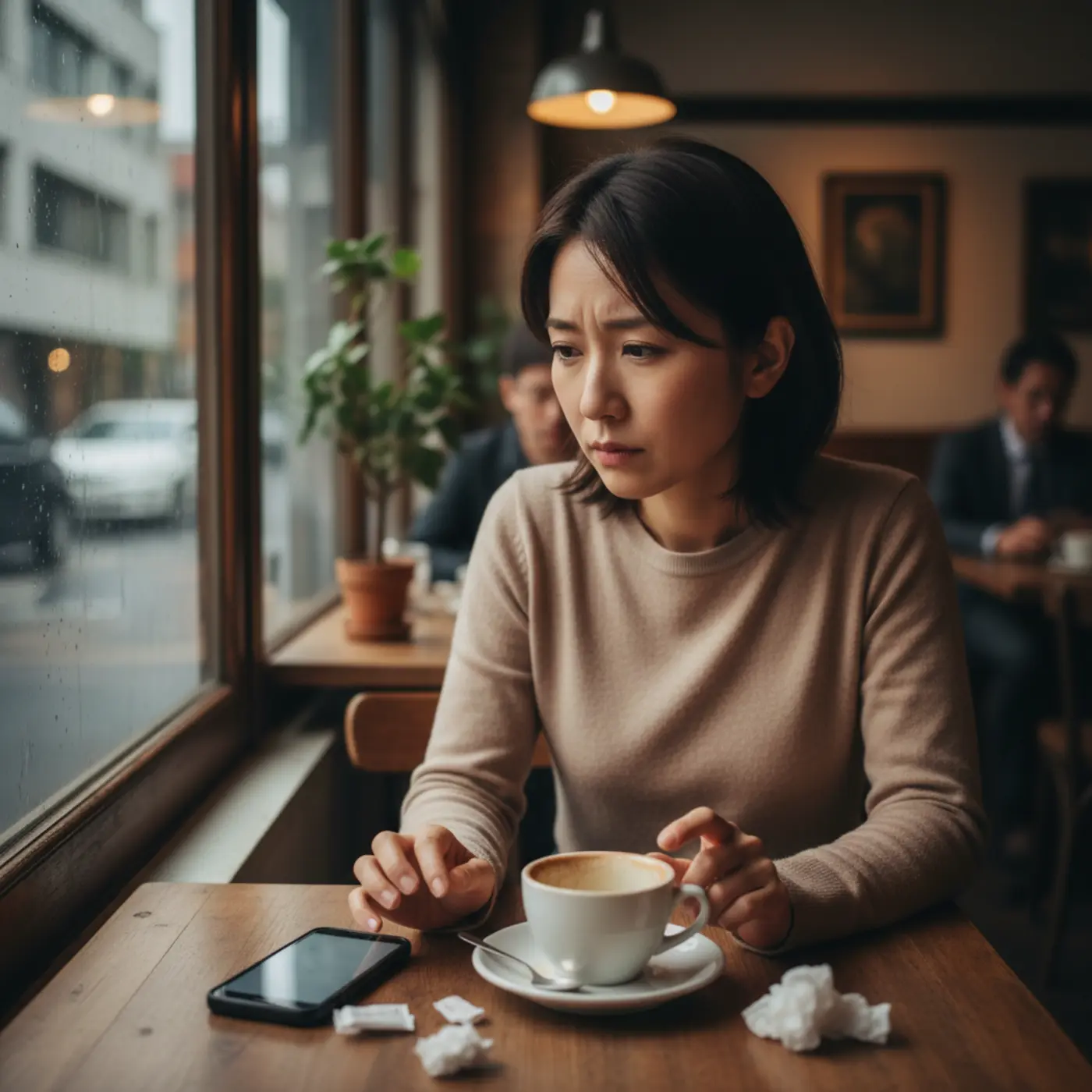 復縁の回数とその限界について悩み、カフェで一人考え込む人物の画像。何度も関係を修復することへの心理的な壁と、今後の成功率への不安な気持ちを表現しています。