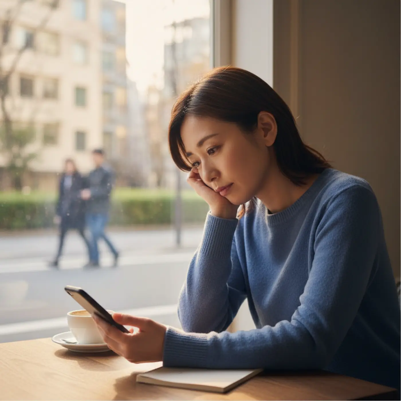 恋人に冷められたと感じて落ち込む女性のイラスト。復縁を成功させるためには、まず男女の心理メカニズムを理解することが重要です。