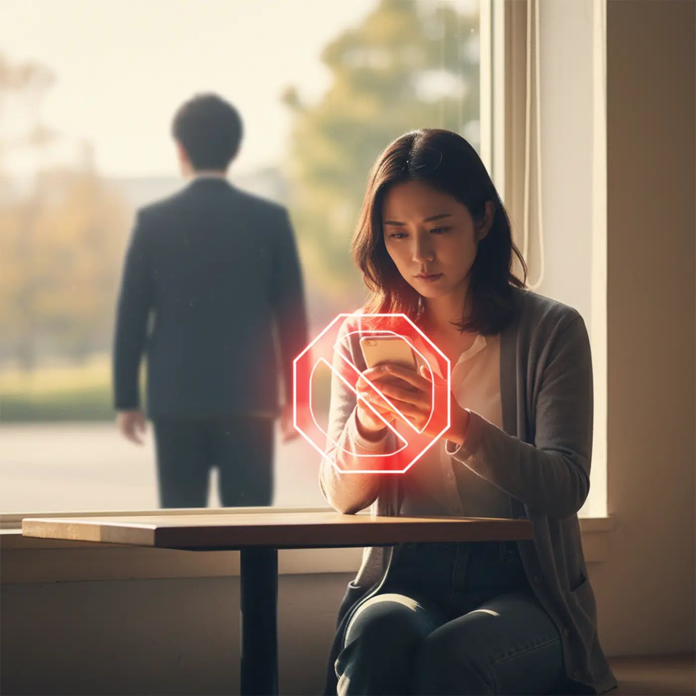 復縁のための冷却期間中に絶対に避けるべきNG行動を象徴する、ストップサインと悩む女性のイラスト。この行動が二人の関係をさらに悪化させることを示唆している。