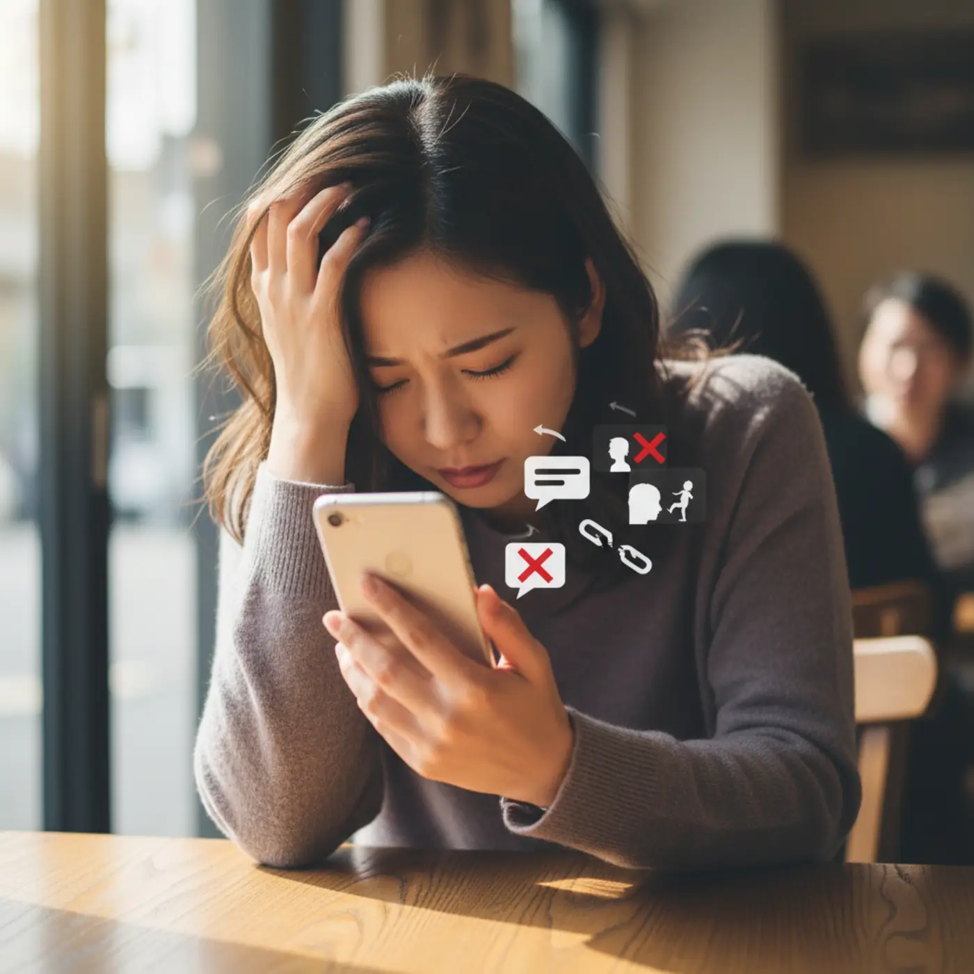 復縁を目指す上で絶対にやってはいけないNG行動のリスト。スマホを見て頭を抱える人物のイラストと共に、相手に嫌われ信頼を失う行動を解説しています。