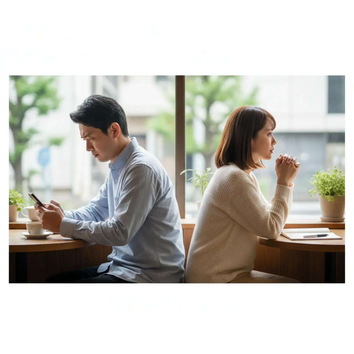 別れた恋人との復縁を願うも、すれ違ってしまう男女のイラスト。復縁したいなら絶対にやってはいけないNG行動があり、間違ったアプローチは関係をさらに悪化させる原因になる。