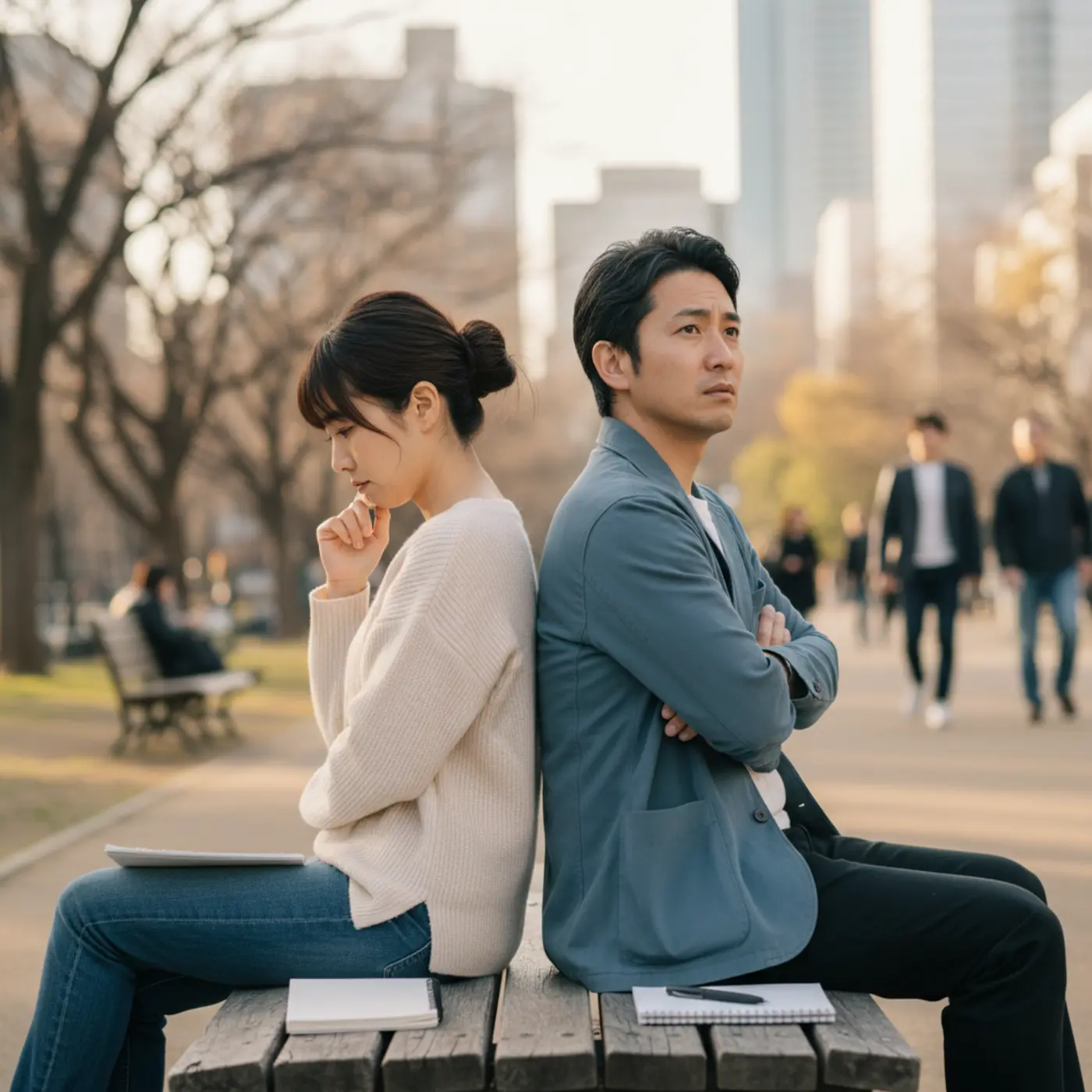 復縁を望む男女が背中合わせに座り、相手の心理が分からず悩んでいるイラスト。男女別・状況別のアプローチ方法を考えるヒント。