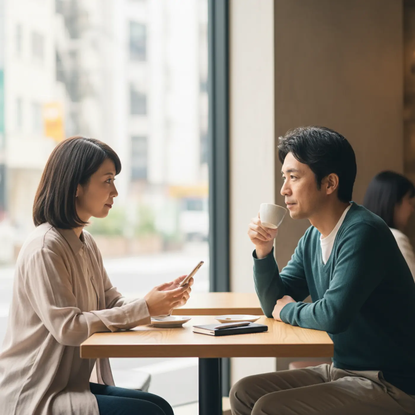 元カノとの復縁に悩む男女のイメージ。一度壊れた関係を前に、男女の心理的な違いを理解して冷静になることの重要性を示している。