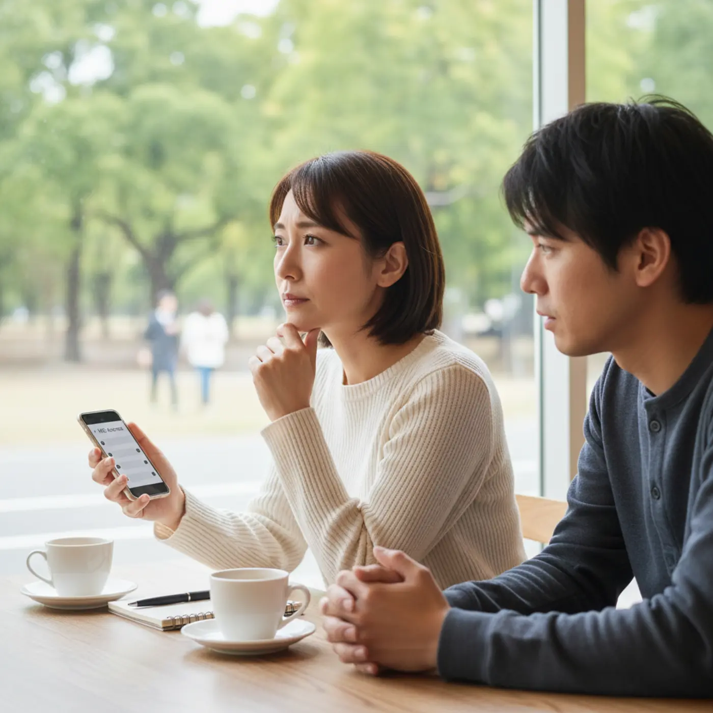 元恋人との復縁を望む女性が、やってはいけないNG行動について考え込んでいる様子。感情的な行動は成功を遠ざける。