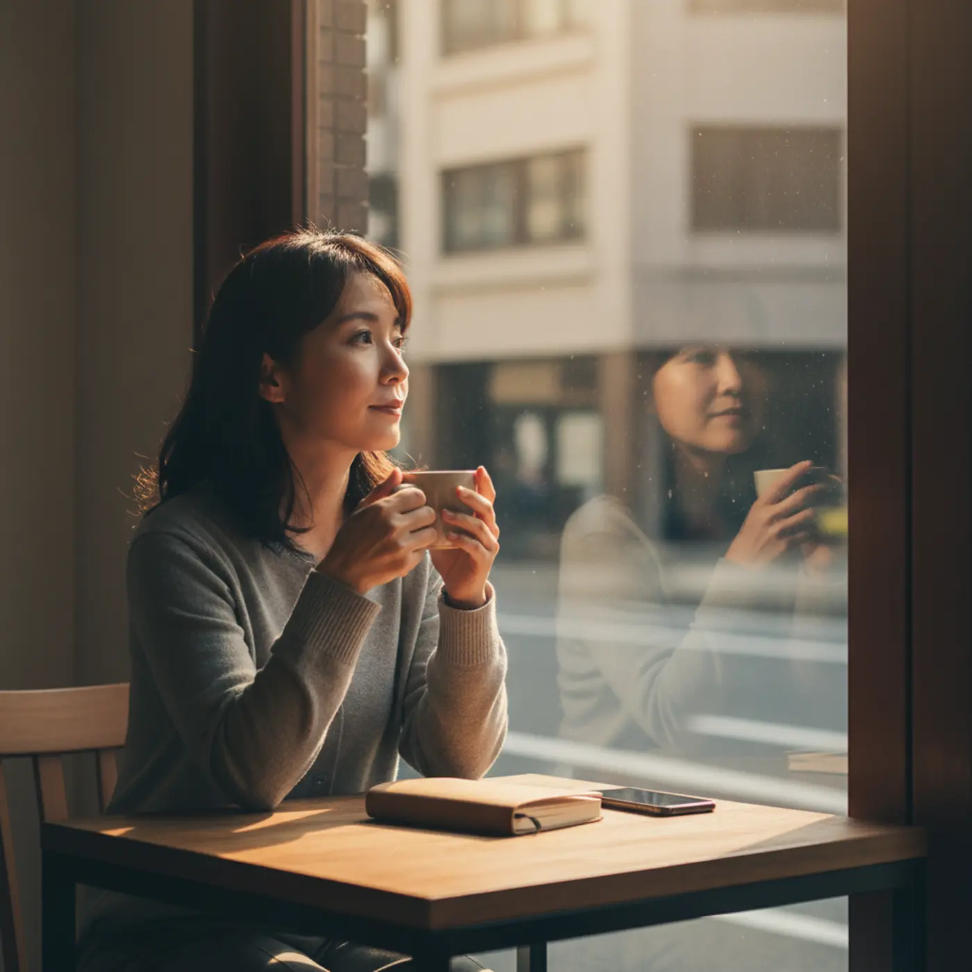 恋人との復縁を願い、冷却期間を過ごす人物が静かに自分と向き合っている様子。時間がもたらすスリーパー効果という恋愛戦略を象徴する画像。