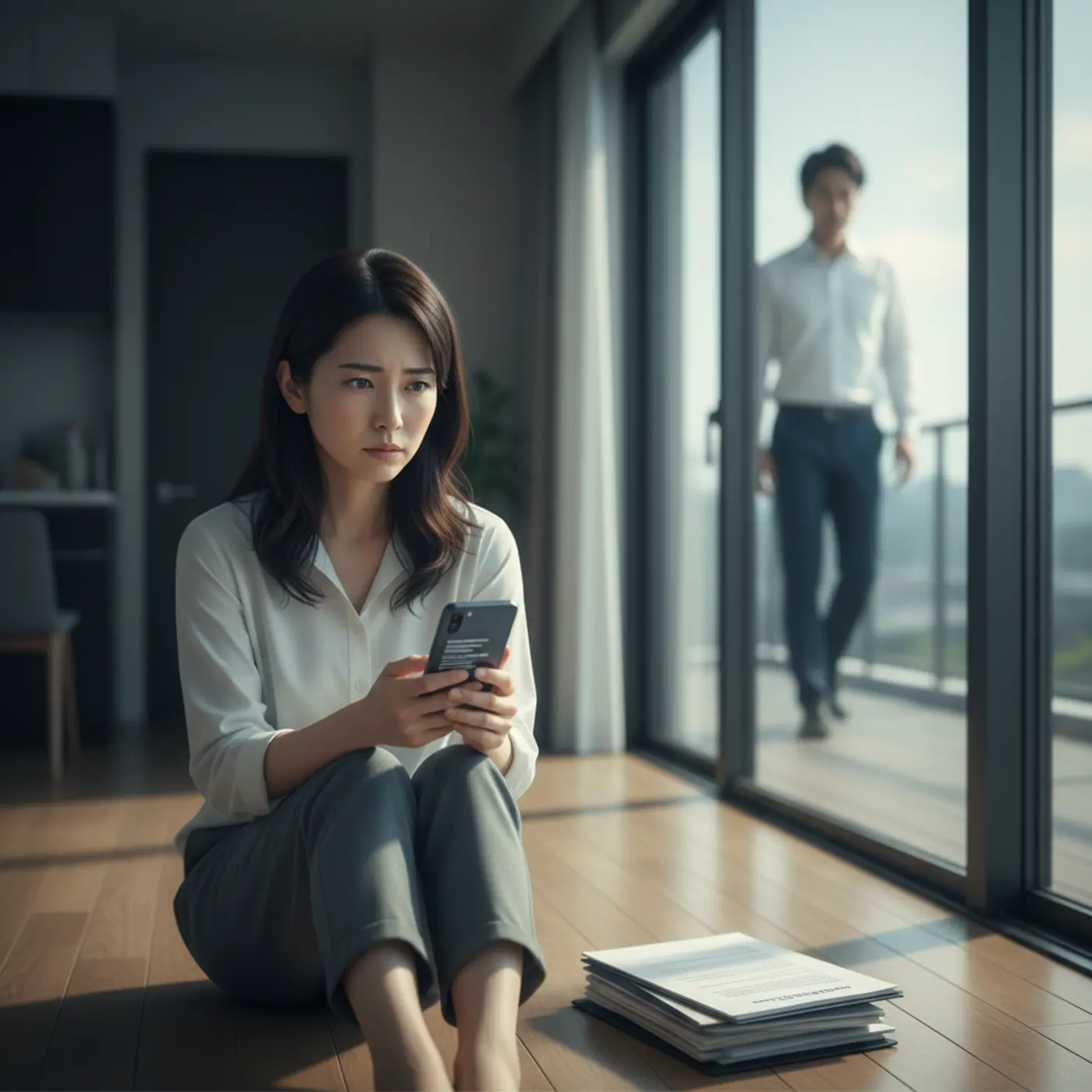 復縁を望むあまりストーカー規制法に抵触する法的リスクを警告する画像。スマートフォンでの過度な連絡やつきまとい行為など、禁止されている行動に悩む人物が描かれている。