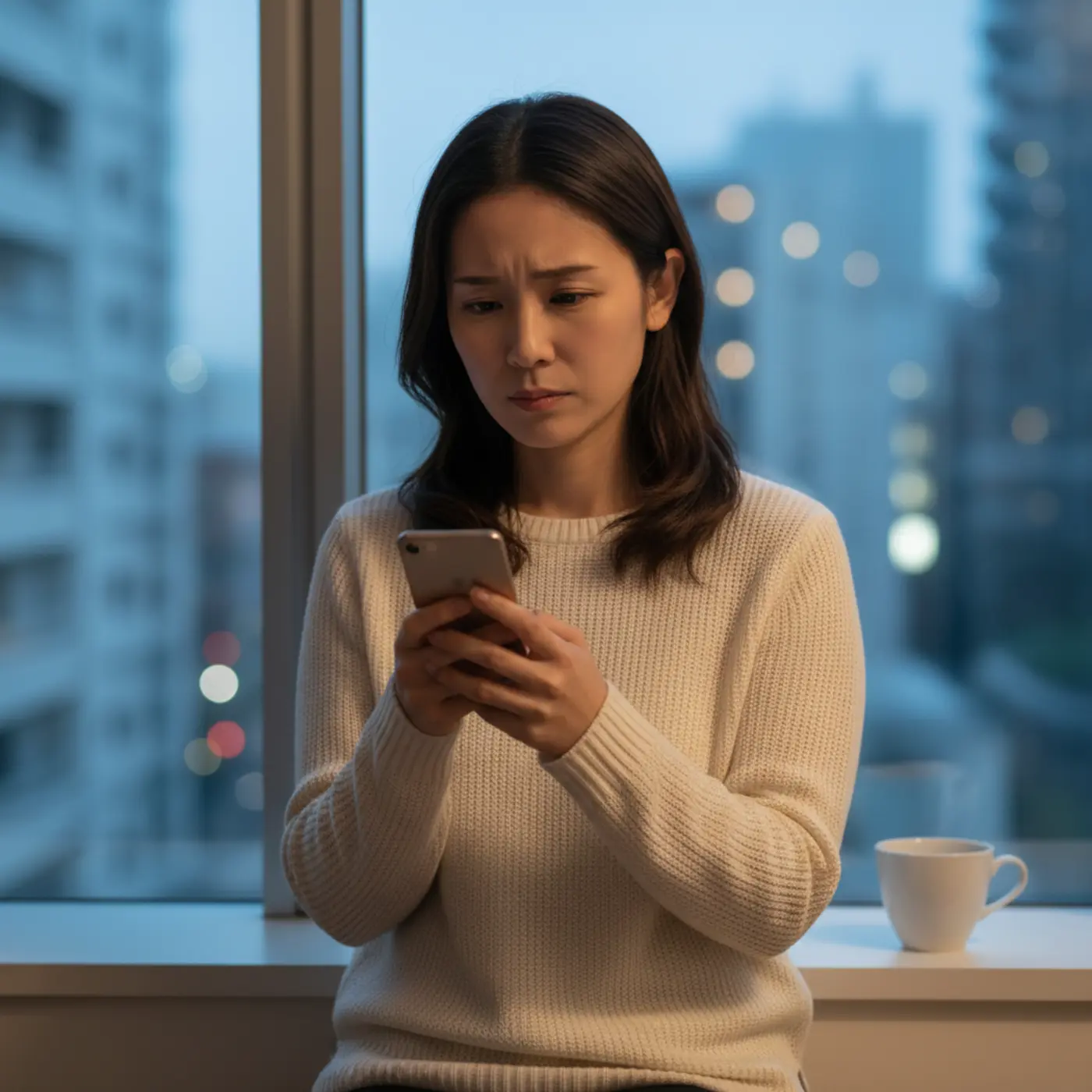 自分から振ったことを後悔し、元恋人との復縁を願いながらスマートフォンを見つめる女性。冷却期間後の連絡に悩む心理状況を表している。