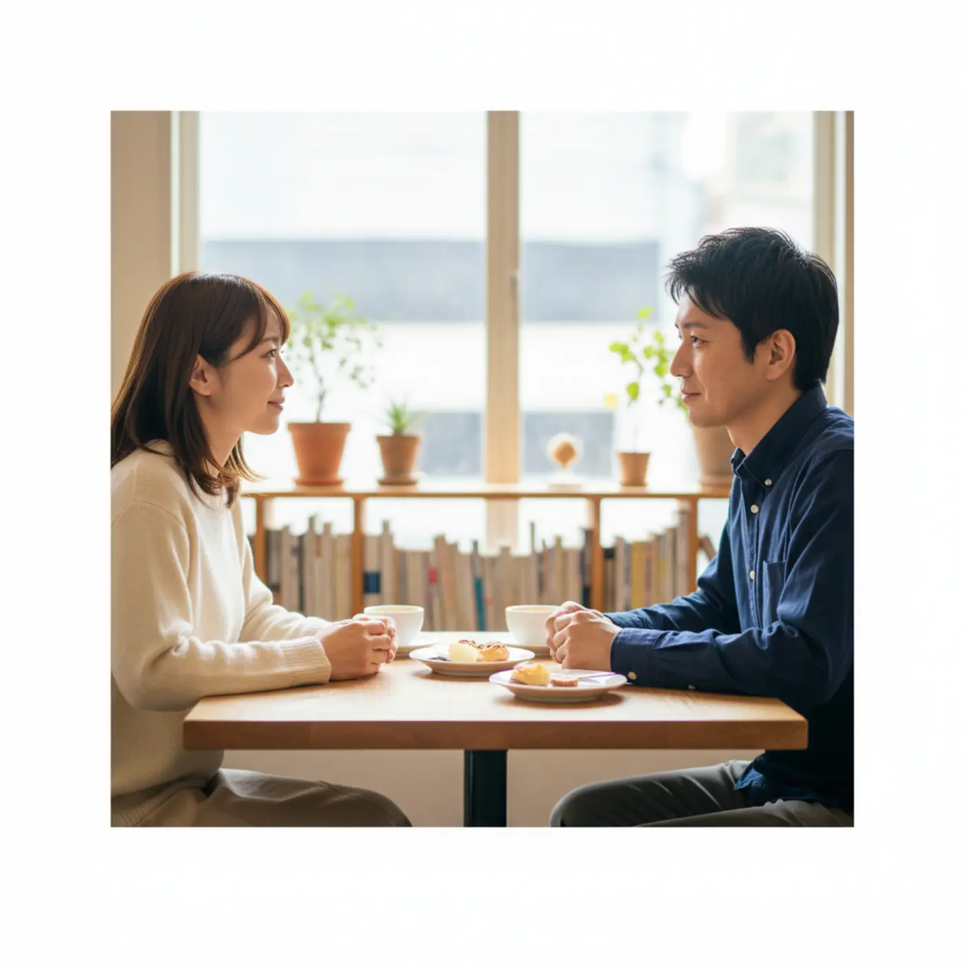 別れてから1年後、カフェで再会し冷静に話し合うカップルのイラスト。感情的な対立が解消され、復縁の可能性について前向きに考えている様子。