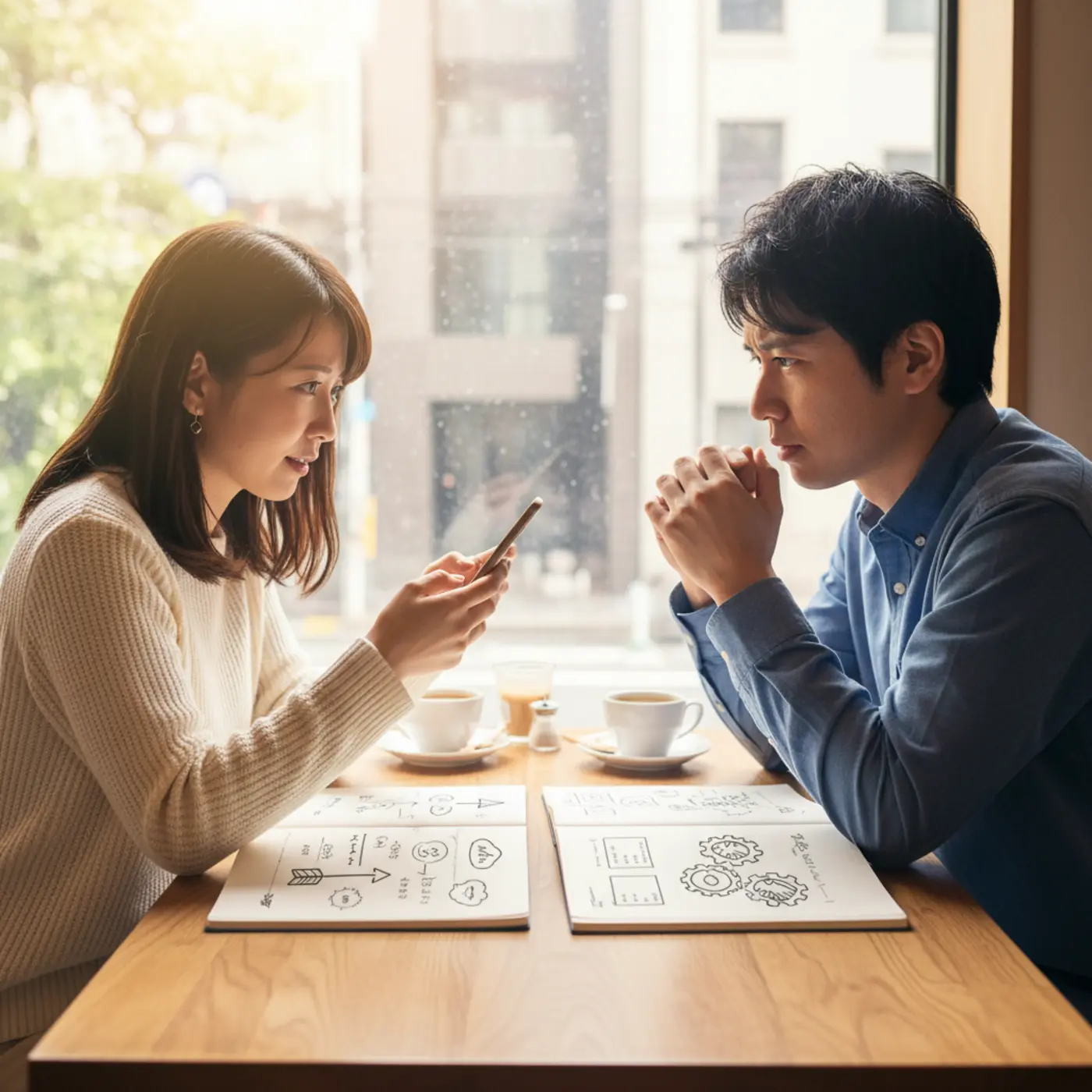 復縁の成功率について悩む男女が向き合うイラスト。別れた後の関係修復に向けた男女別のアプローチ戦略をイメージさせ、希望と不安が表現されている。